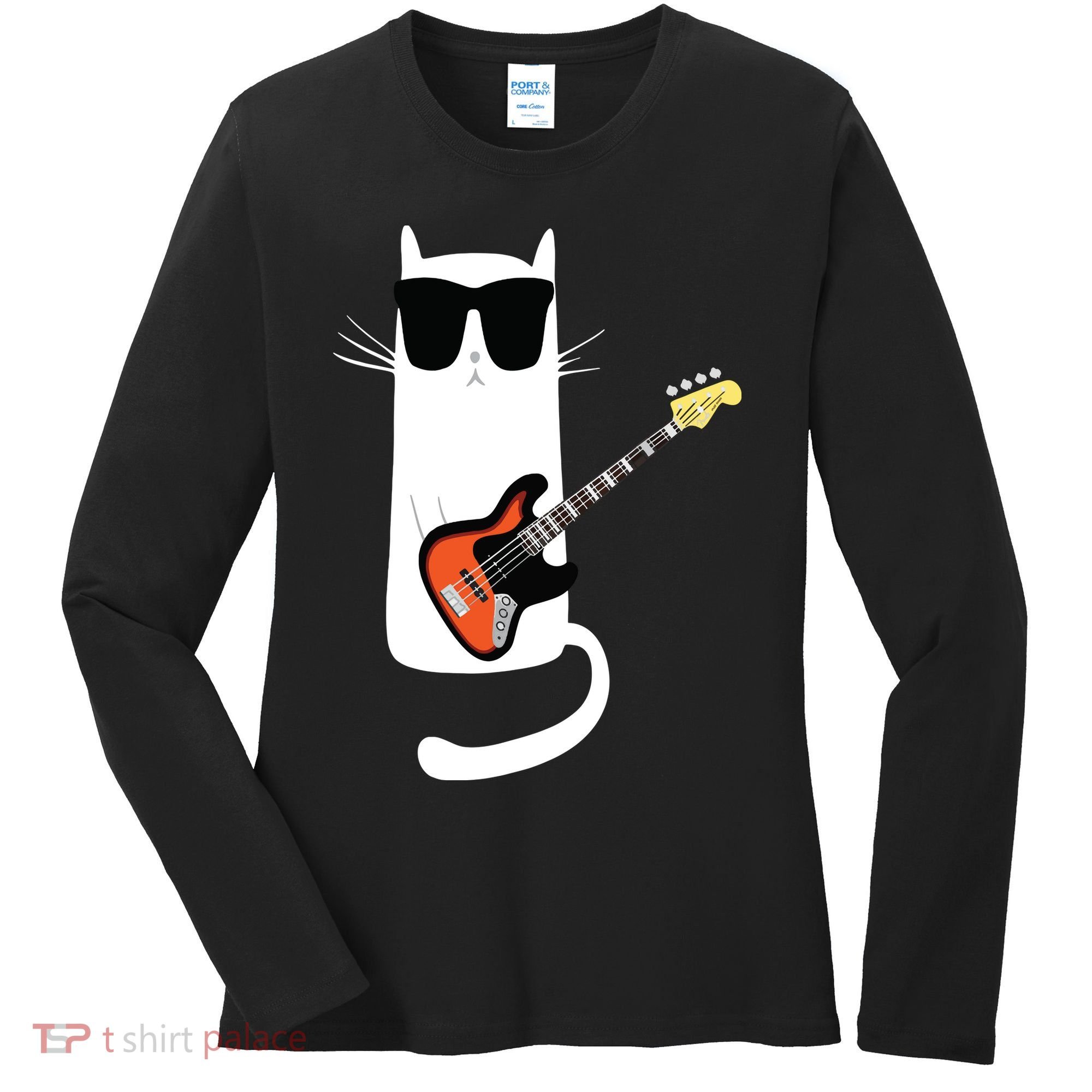 Funny Cat Wearing Sunglasses Playing Bass Guitar Women's Long Sleeve Shirt