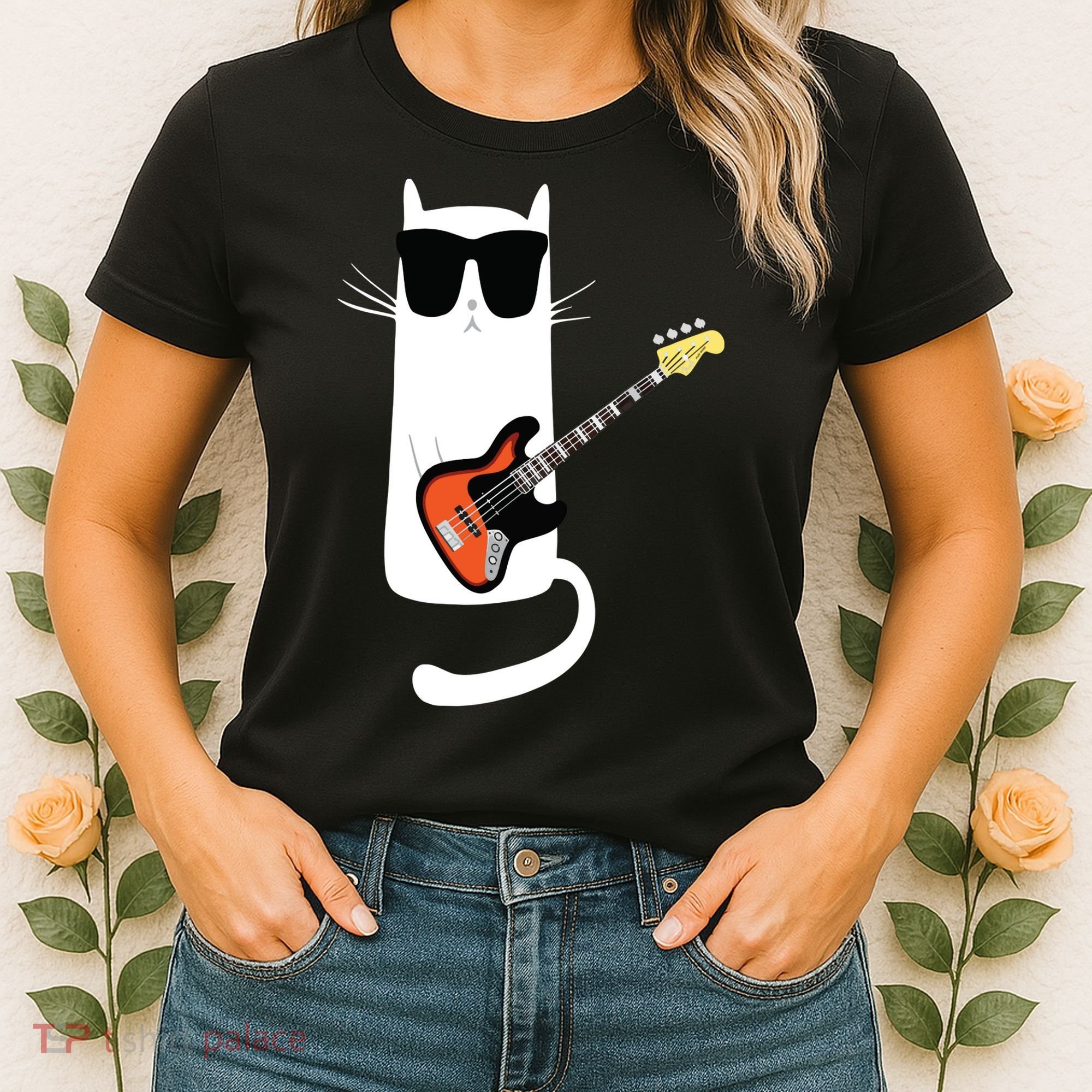 Funny Cat Wearing Sunglasses Playing Bass Guitar Women's T-Shirt