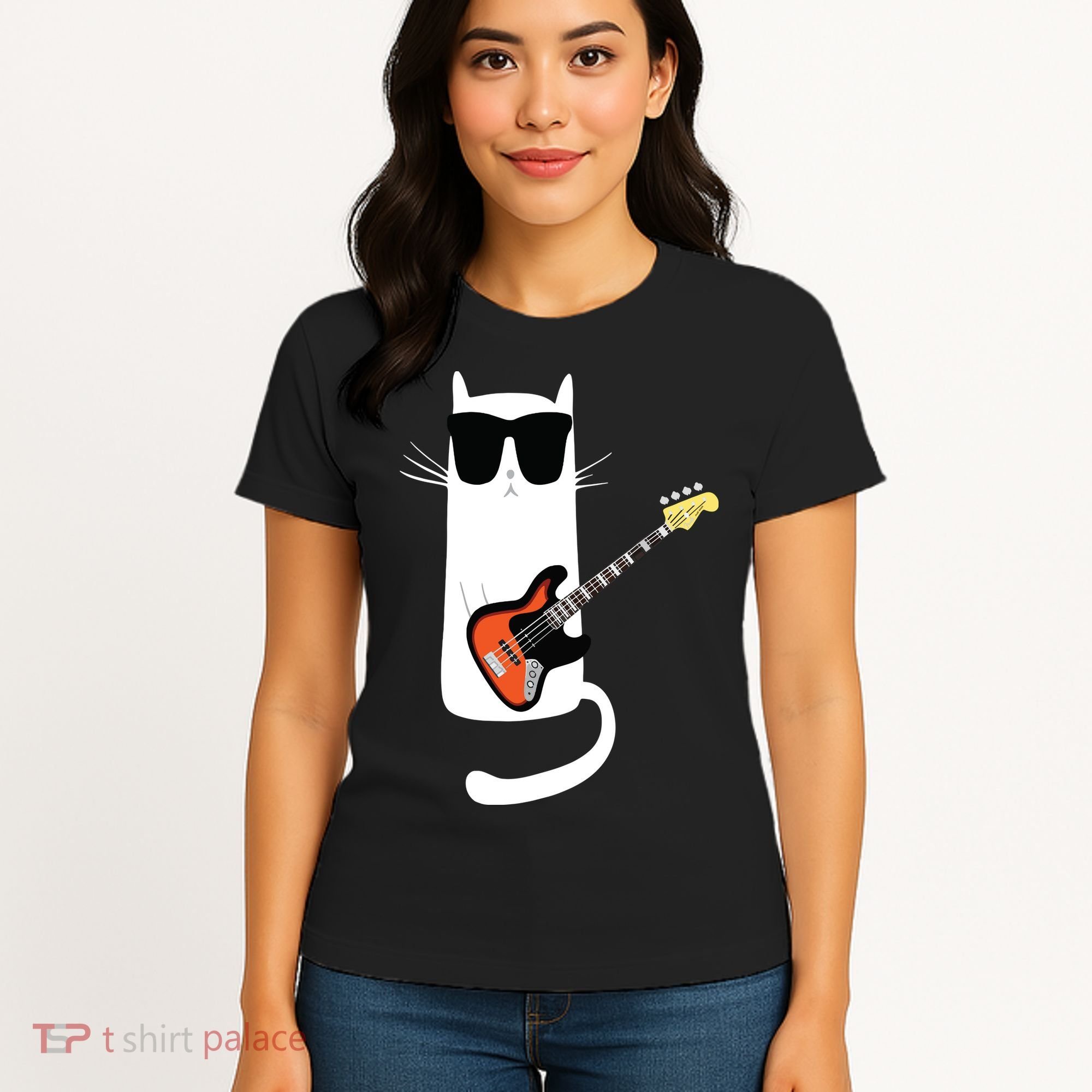 Funny Cat Wearing Sunglasses Playing Bass Guitar Women's T-Shirt