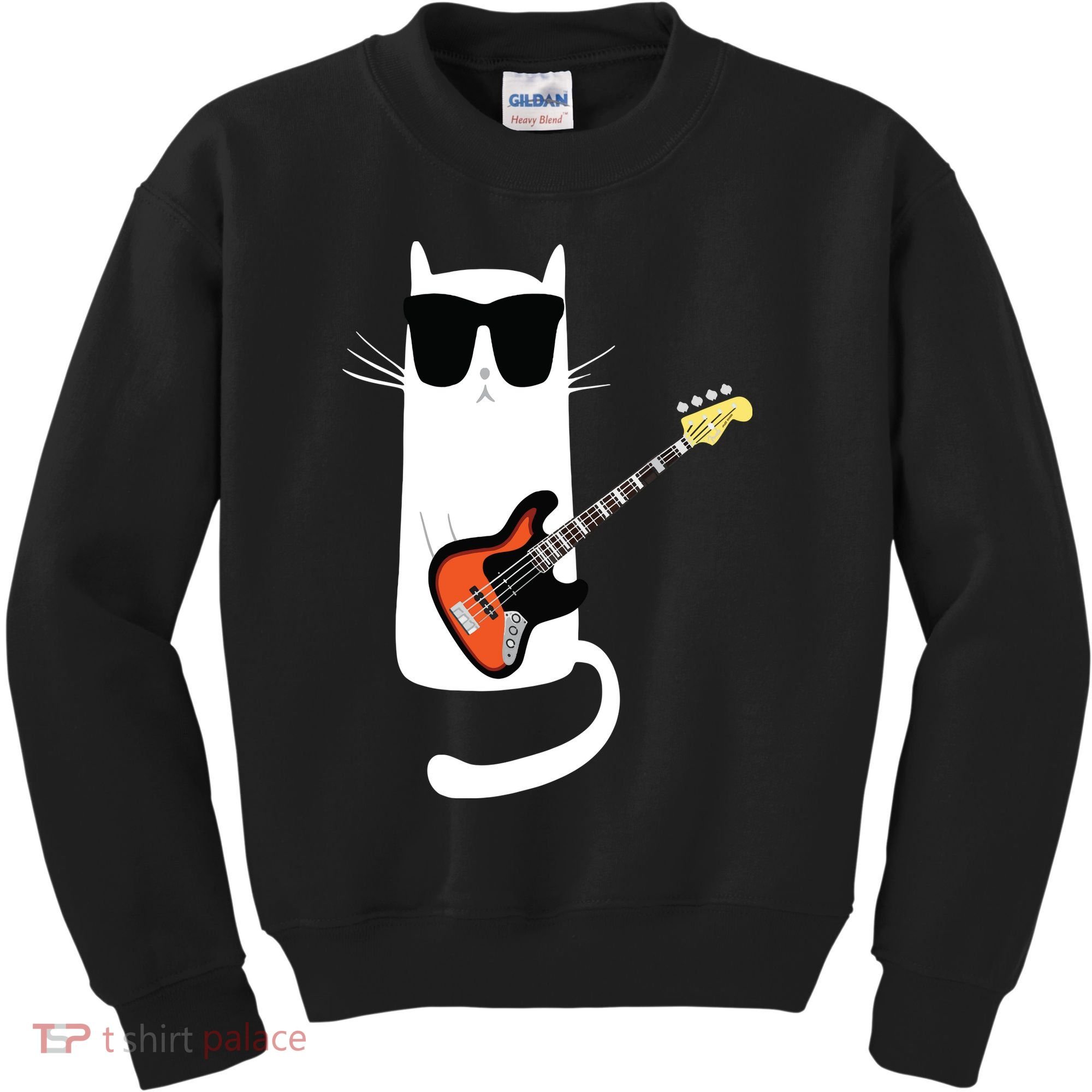 Funny Cat Wearing Sunglasses Playing Bass Guitar Kids Sweatshirt