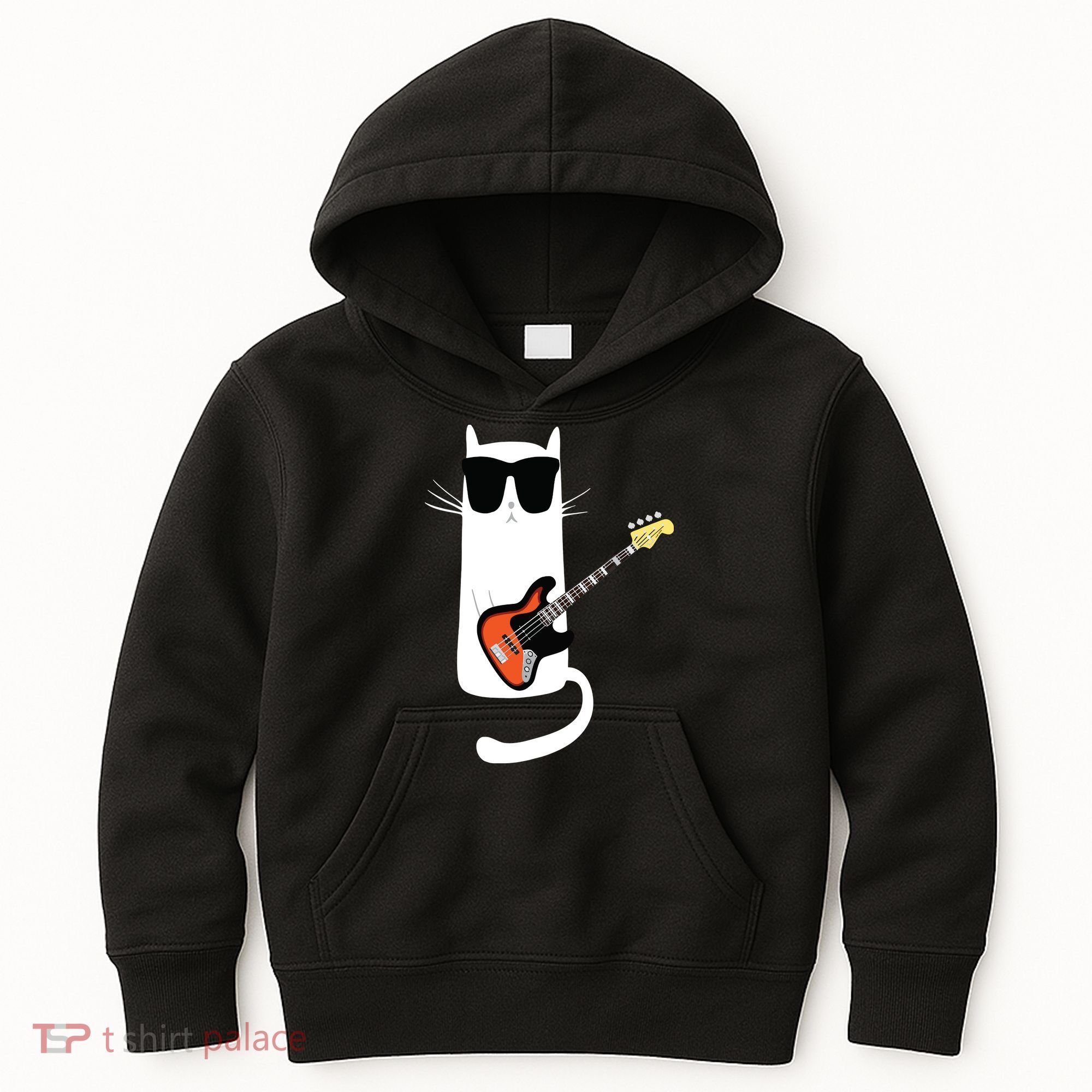 Funny Cat Wearing Sunglasses Playing Bass Guitar Kids Hoodie