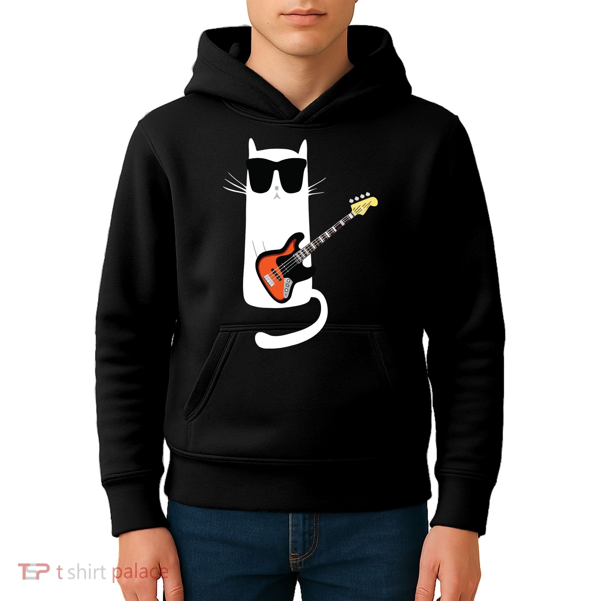 Funny Cat Wearing Sunglasses Playing Bass Guitar Kids Hoodie