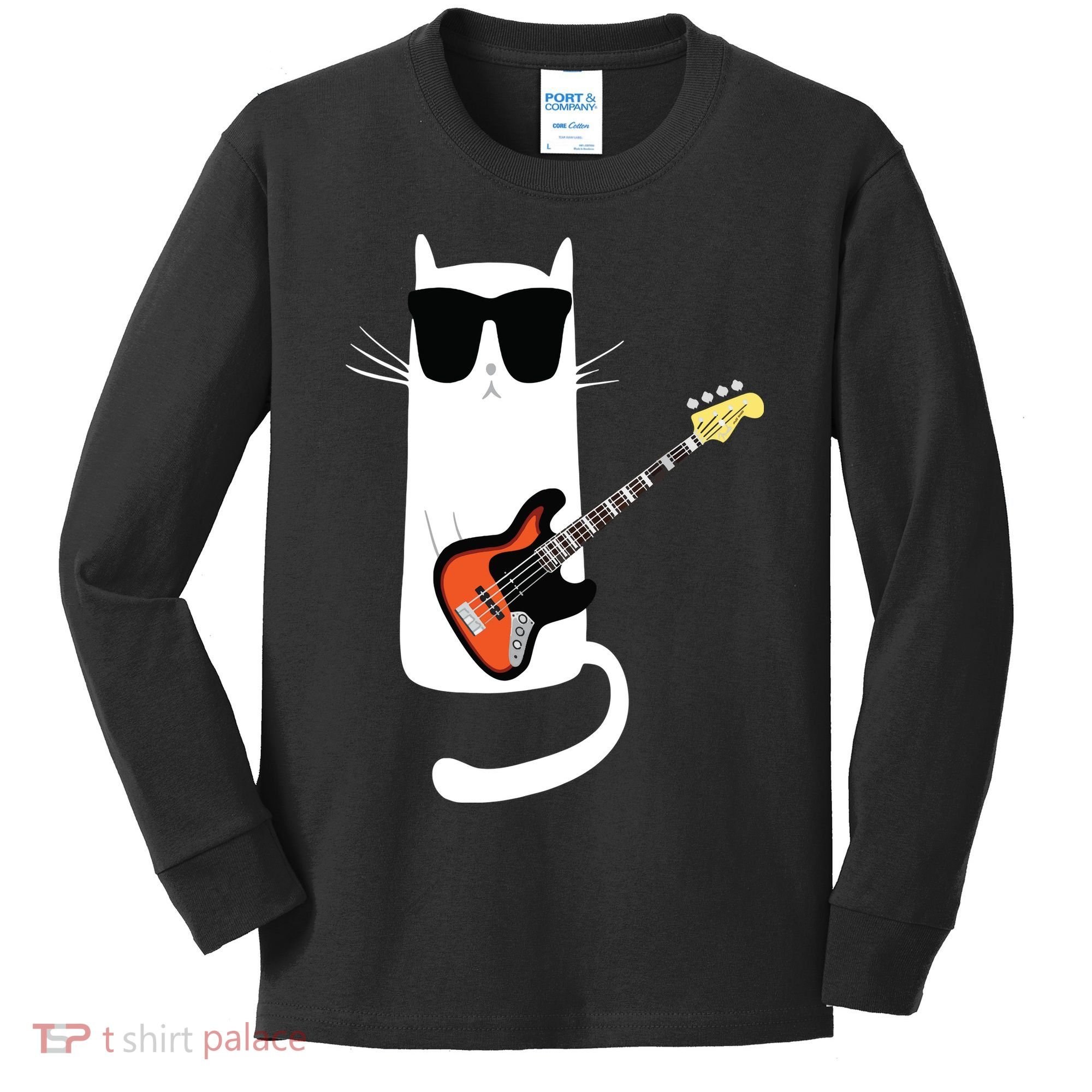 Funny Cat Wearing Sunglasses Playing Bass Guitar Kids Long Sleeve Shirt