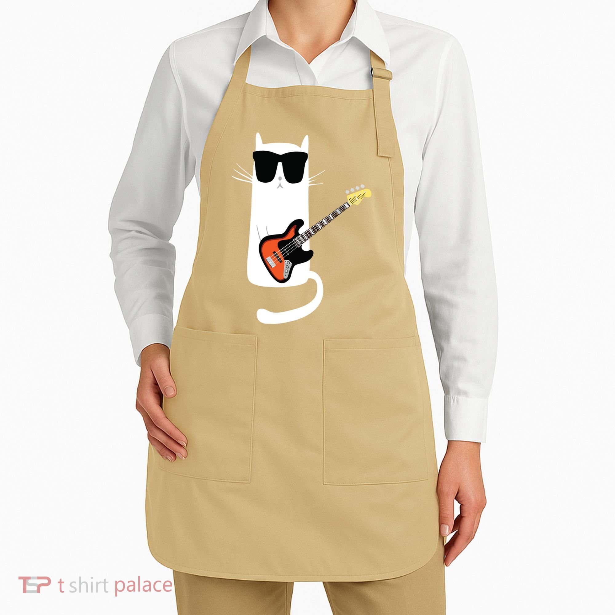 Funny Cat Wearing Sunglasses Playing Bass Guitar Apron