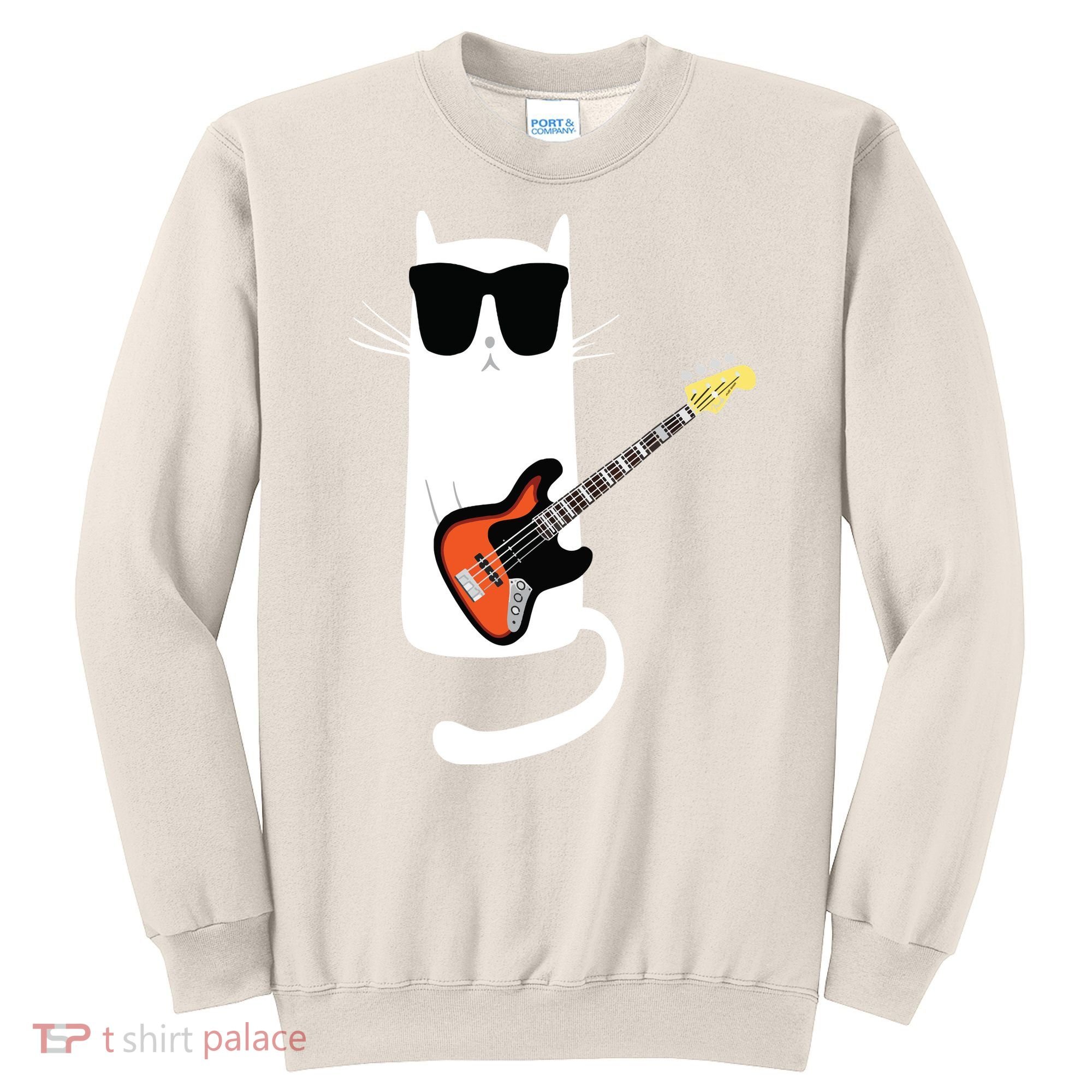 Funny Cat Wearing Sunglasses Playing Bass Guitar Sweatshirt
