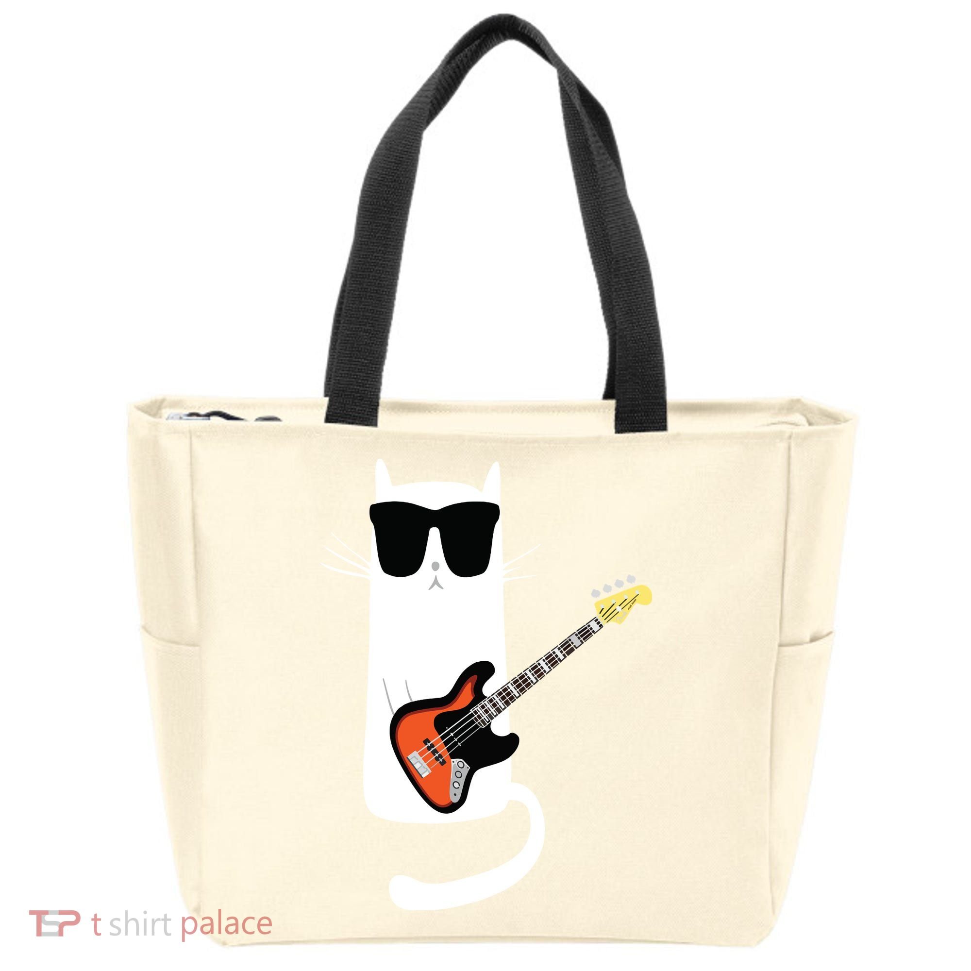 Funny Cat Wearing Sunglasses Playing Bass Guitar Tote Bag