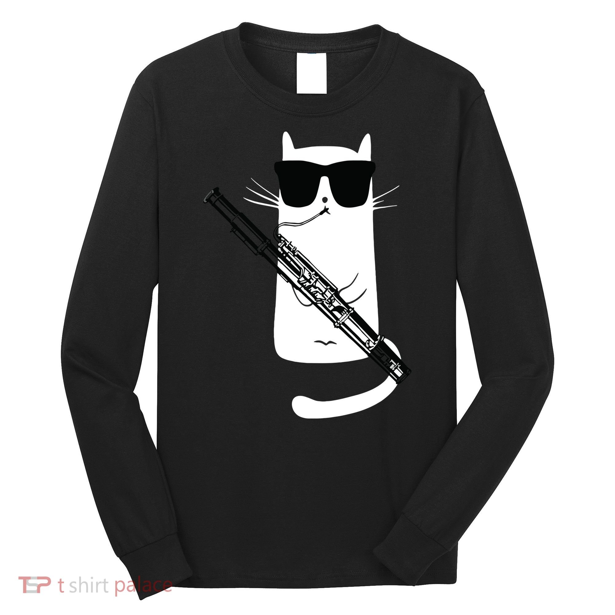 Funny Cat Wearing Sunglasses Playing Bassoon Long Sleeve Shirt