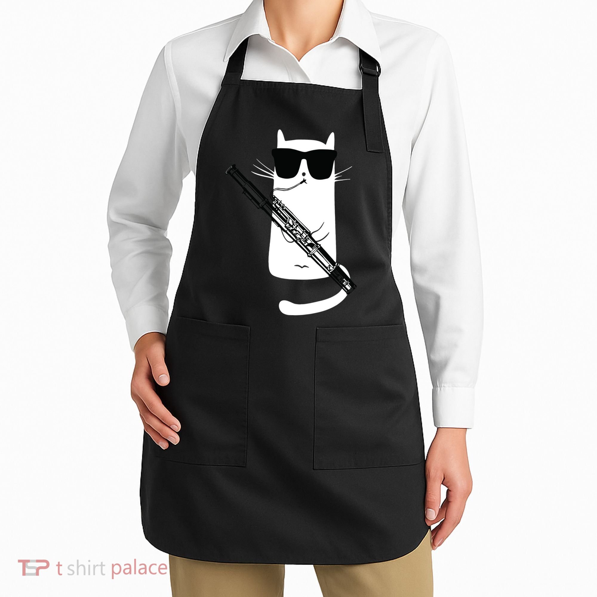 Funny Cat Wearing Sunglasses Playing Bassoon Apron
