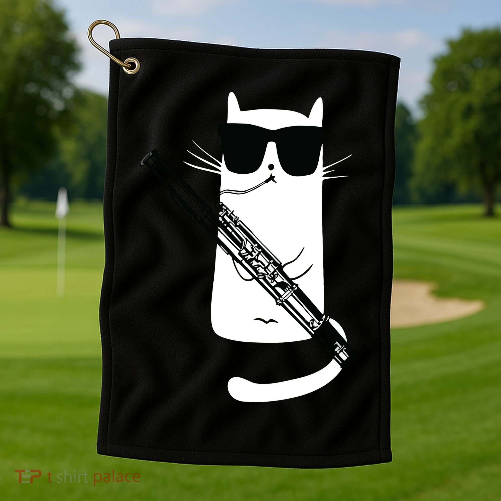 Funny Cat Wearing Sunglasses Playing Bassoon Golf Towel