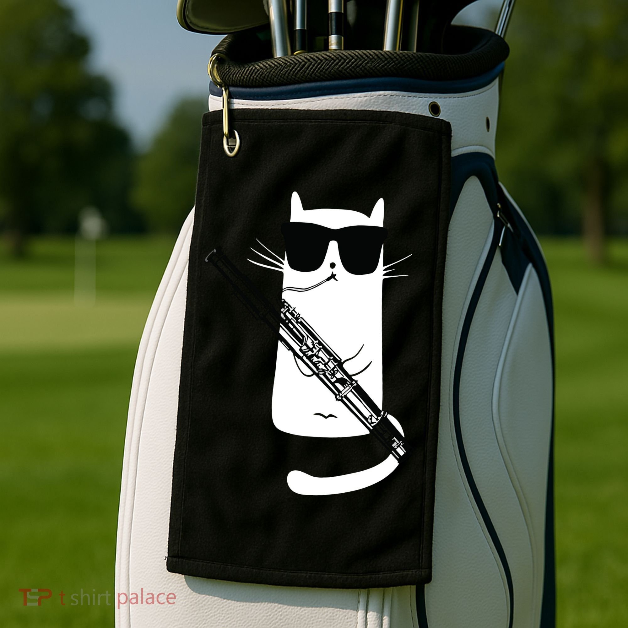 Funny Cat Wearing Sunglasses Playing Bassoon Golf Towel