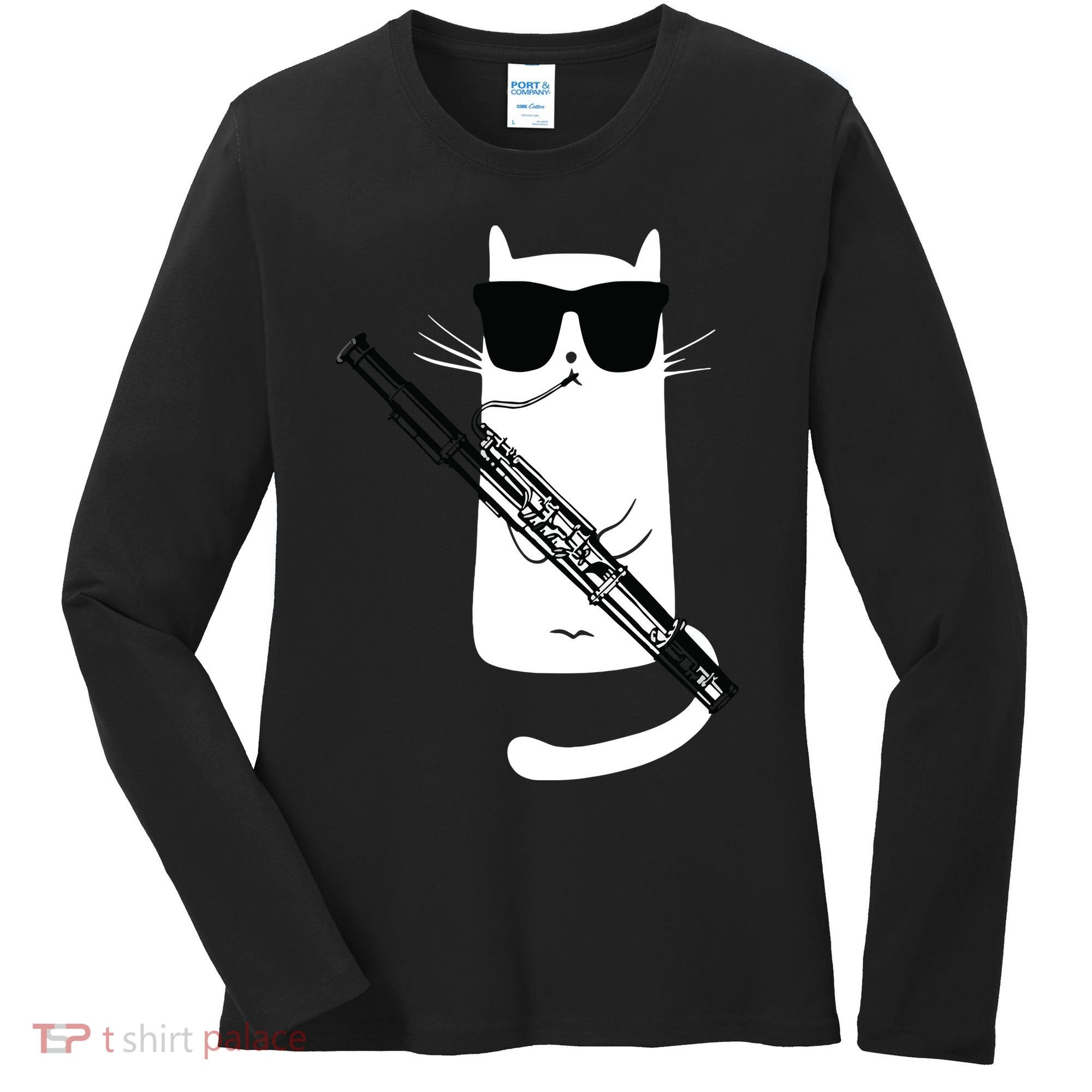Funny Cat Wearing Sunglasses Playing Bassoon Women's Long Sleeve Shirt