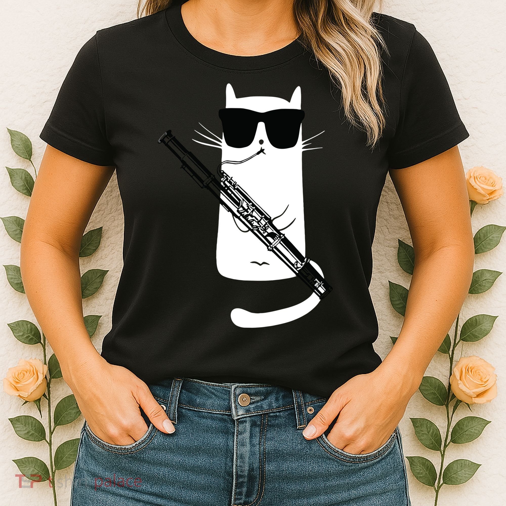 Funny Cat Wearing Sunglasses Playing Bassoon Women's T-Shirt