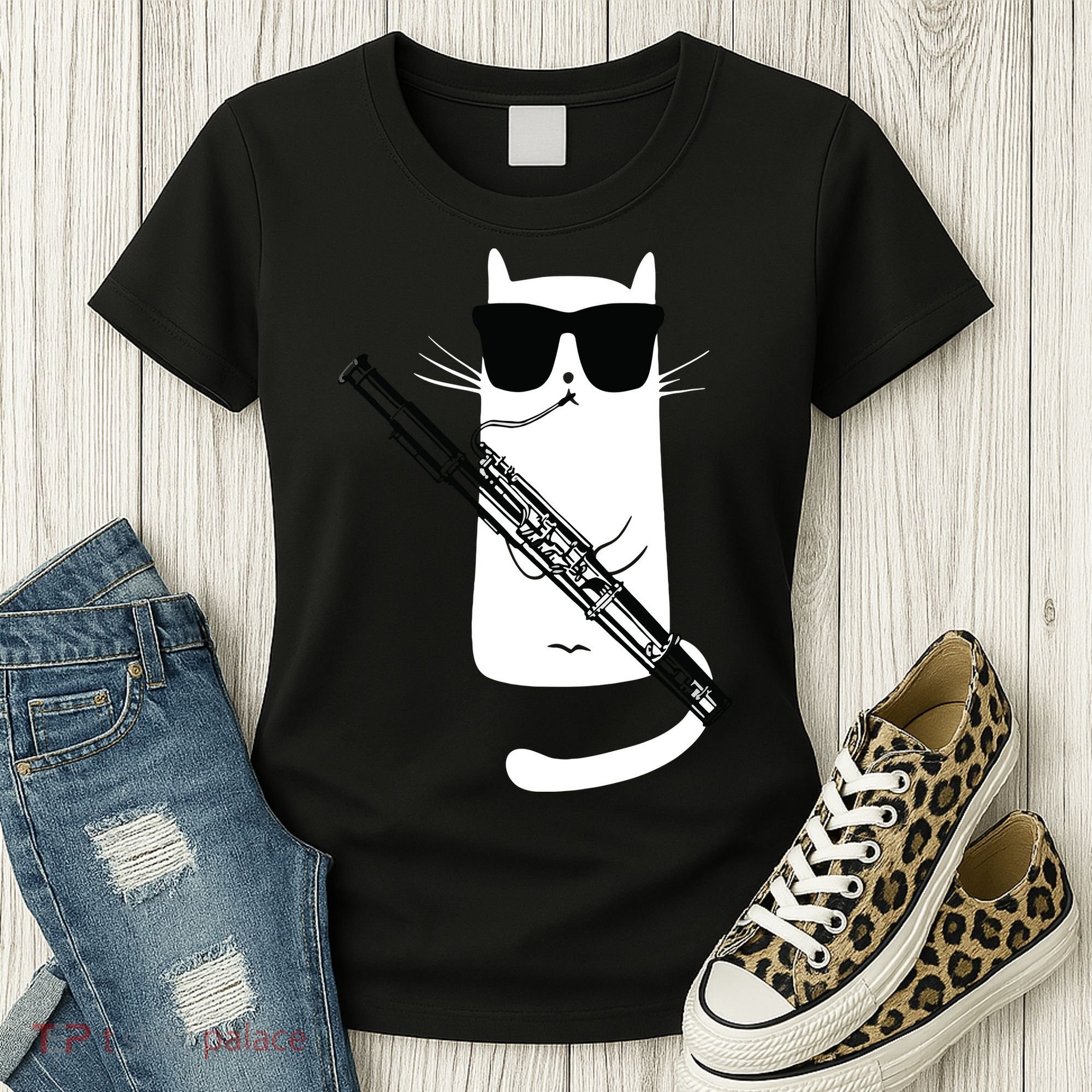 Funny Cat Wearing Sunglasses Playing Bassoon Women's T-Shirt