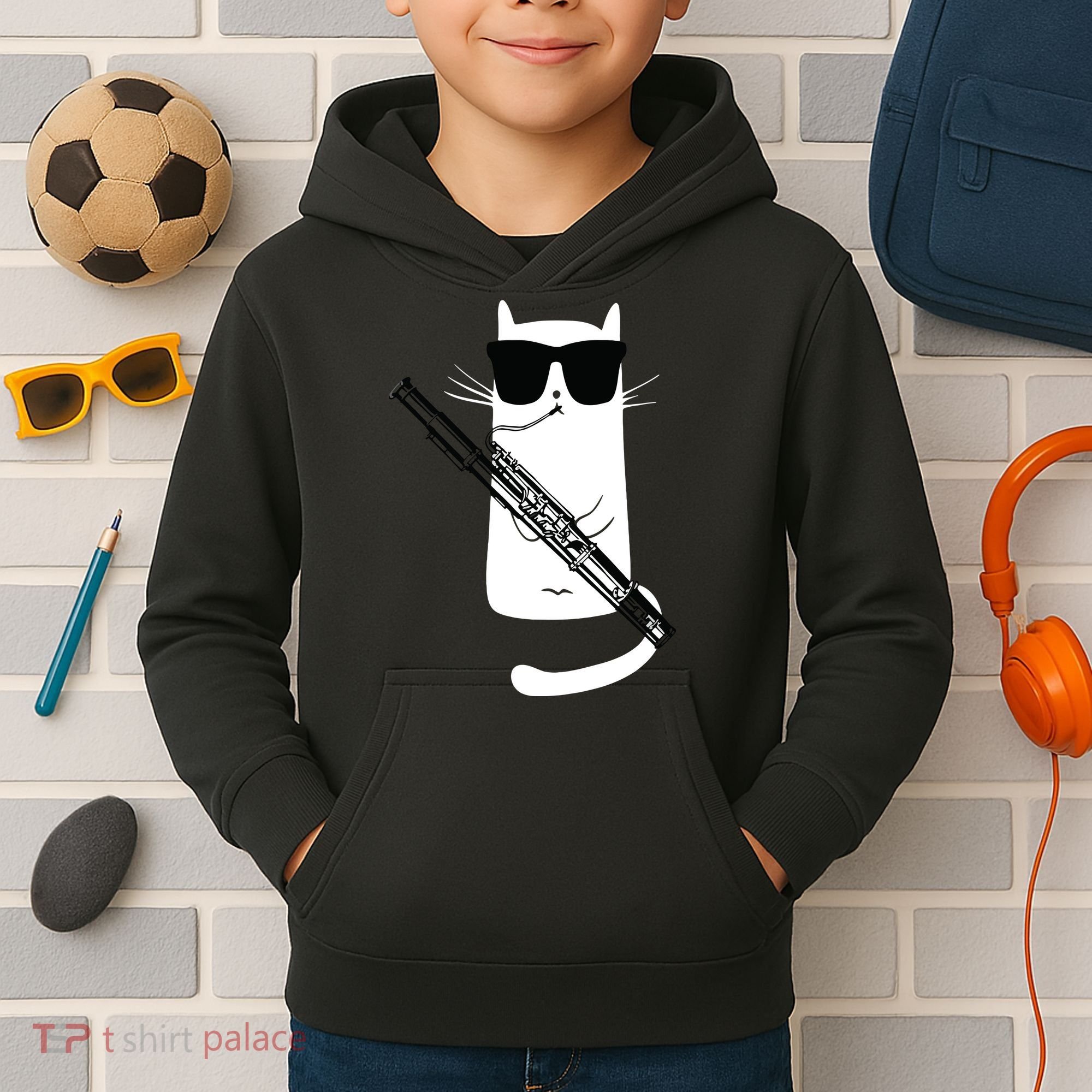 Funny Cat Wearing Sunglasses Playing Bassoon Kids Hoodie