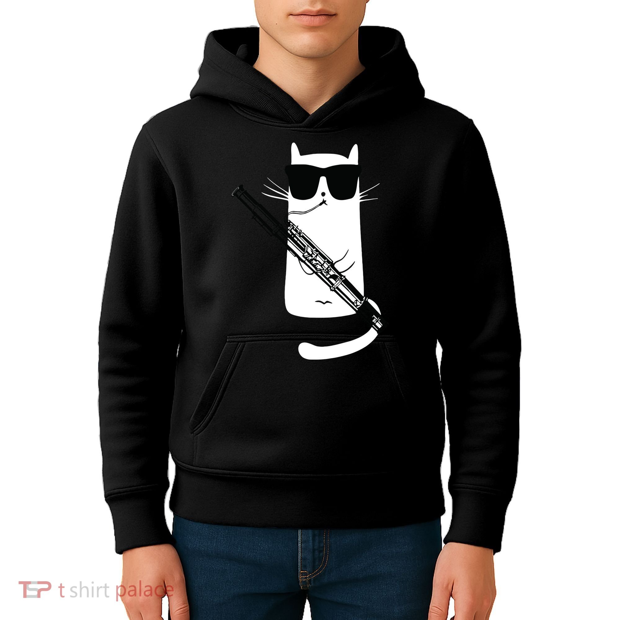Funny Cat Wearing Sunglasses Playing Bassoon Kids Hoodie