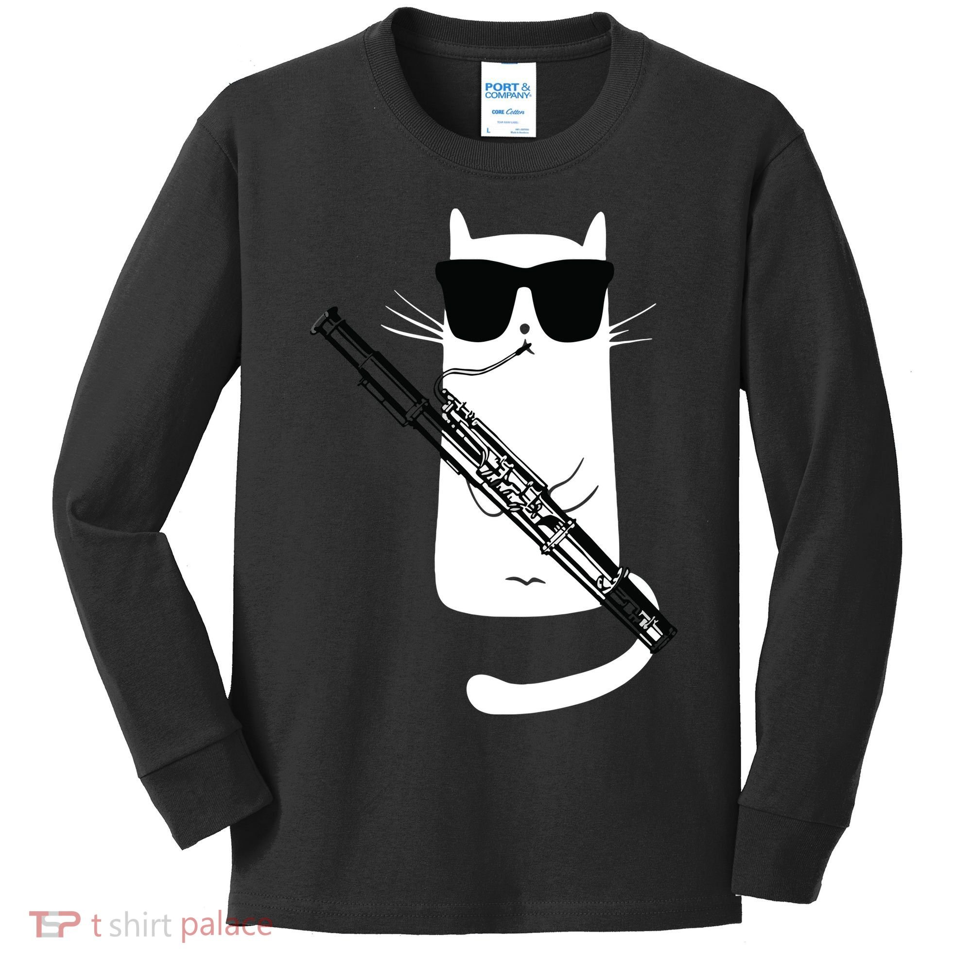 Funny Cat Wearing Sunglasses Playing Bassoon Kids Long Sleeve Shirt
