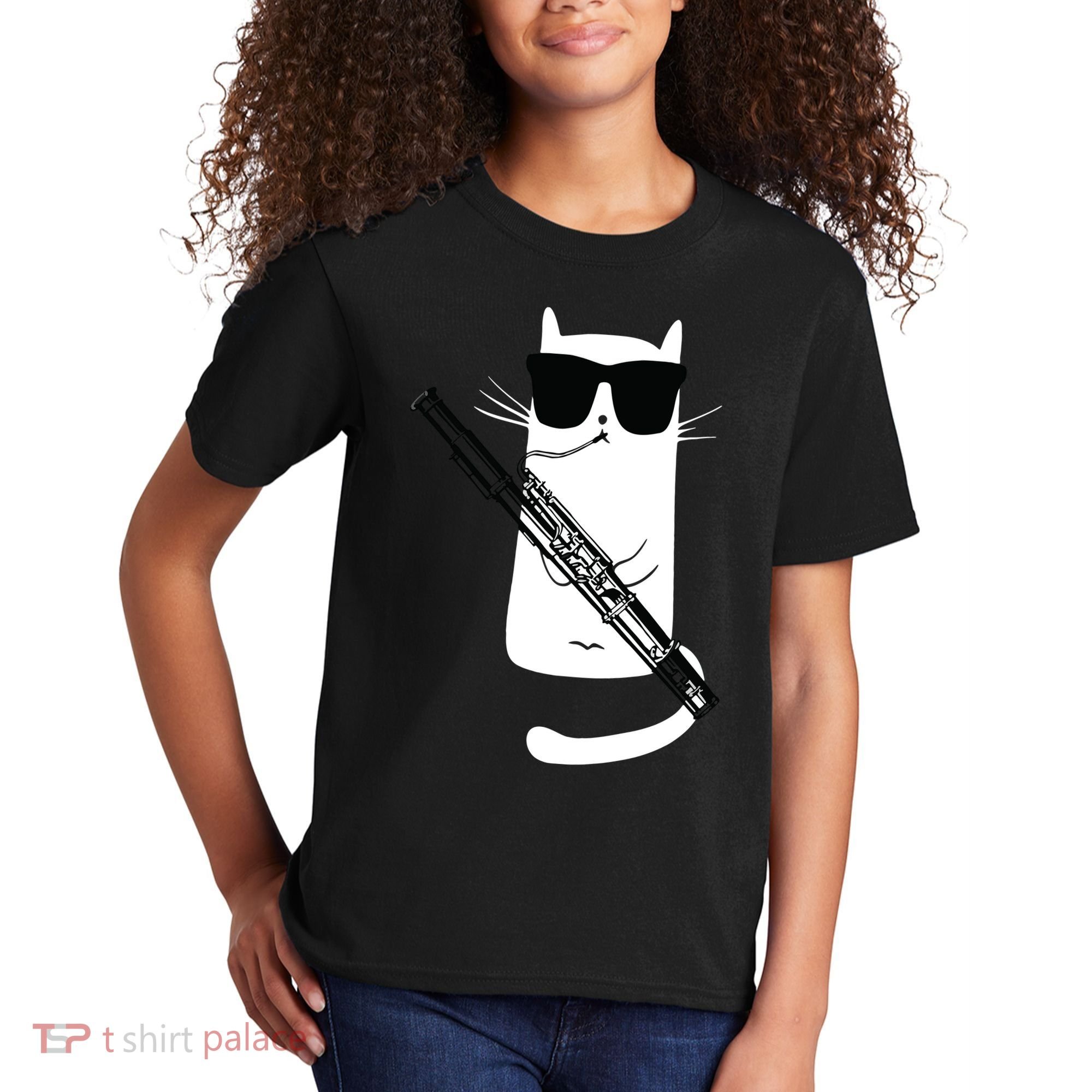 Funny Cat Wearing Sunglasses Playing Bassoon Kids T-Shirt