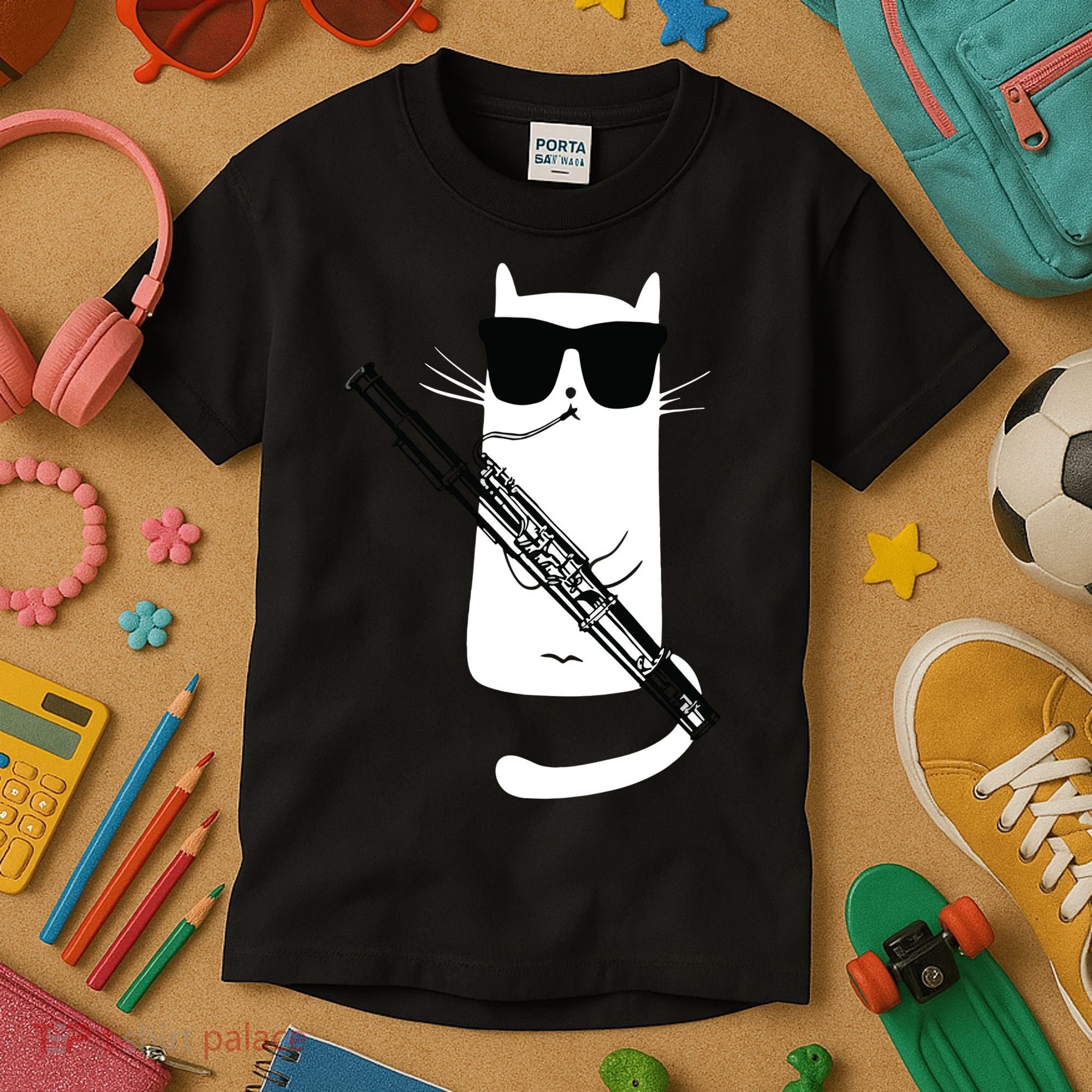 Funny Cat Wearing Sunglasses Playing Bassoon Kids T-Shirt