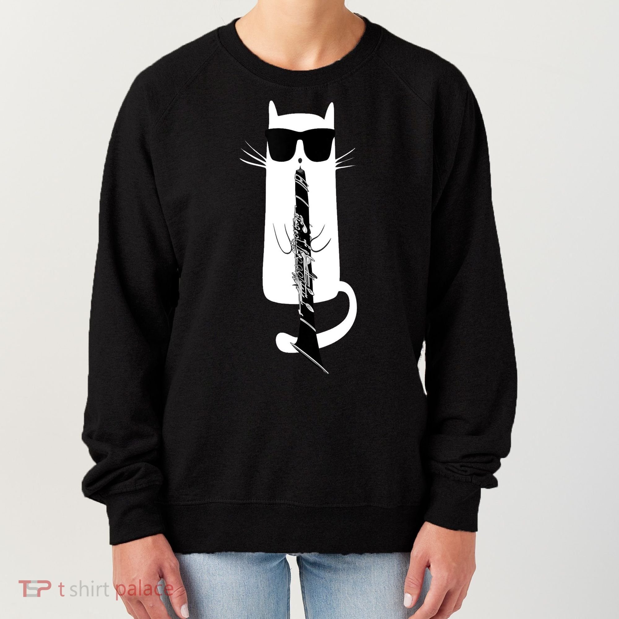 Funny Cat Wearing Sunglasses Playing Clarinet Women's Sweatshirt