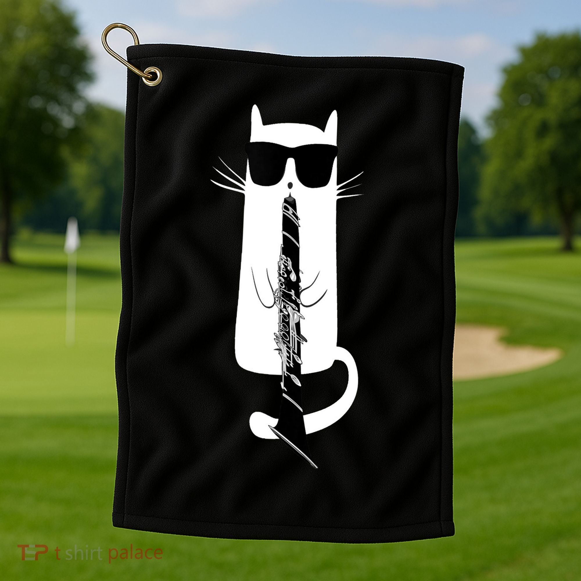 Funny Cat Wearing Sunglasses Playing Clarinet Golf Towel