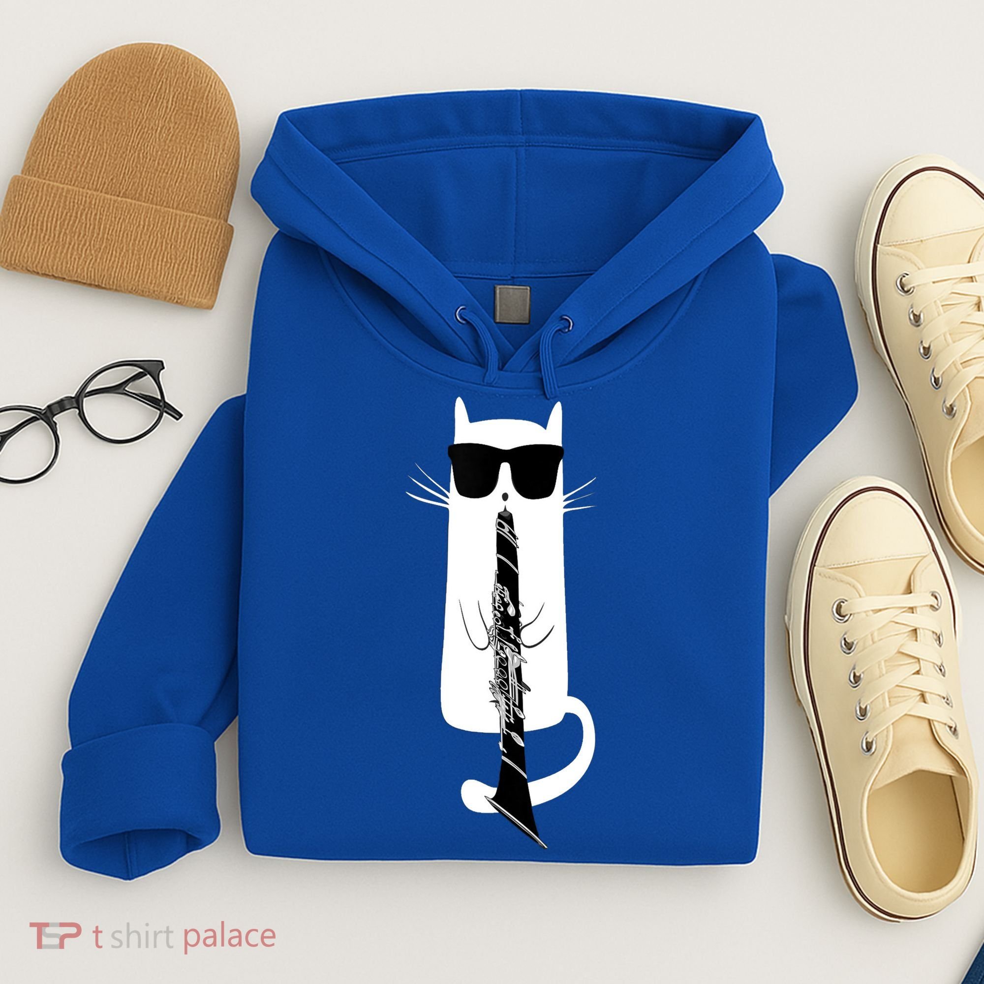 Funny Cat Wearing Sunglasses Playing Clarinet Hoodie