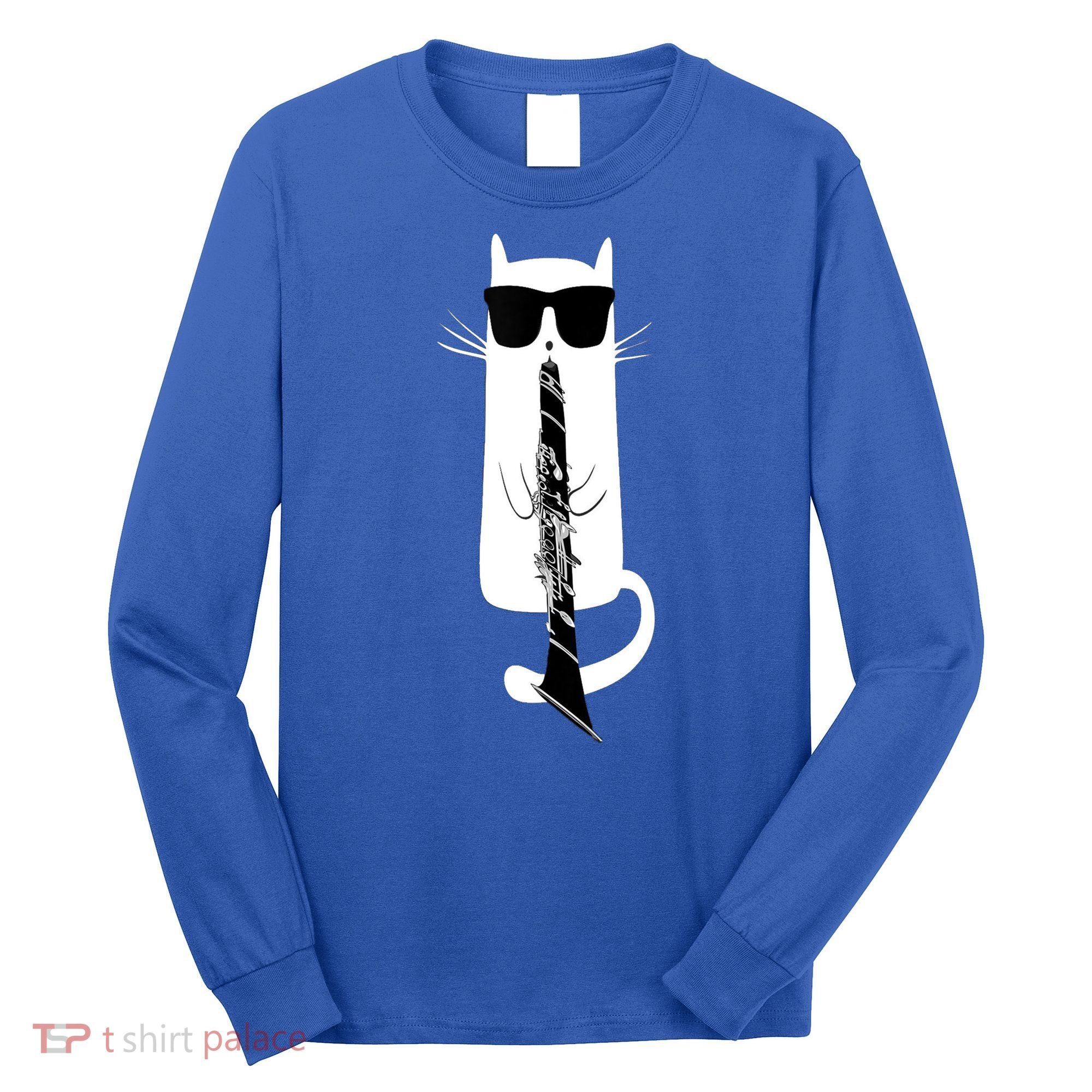 Funny Cat Wearing Sunglasses Playing Clarinet Long Sleeve Shirt