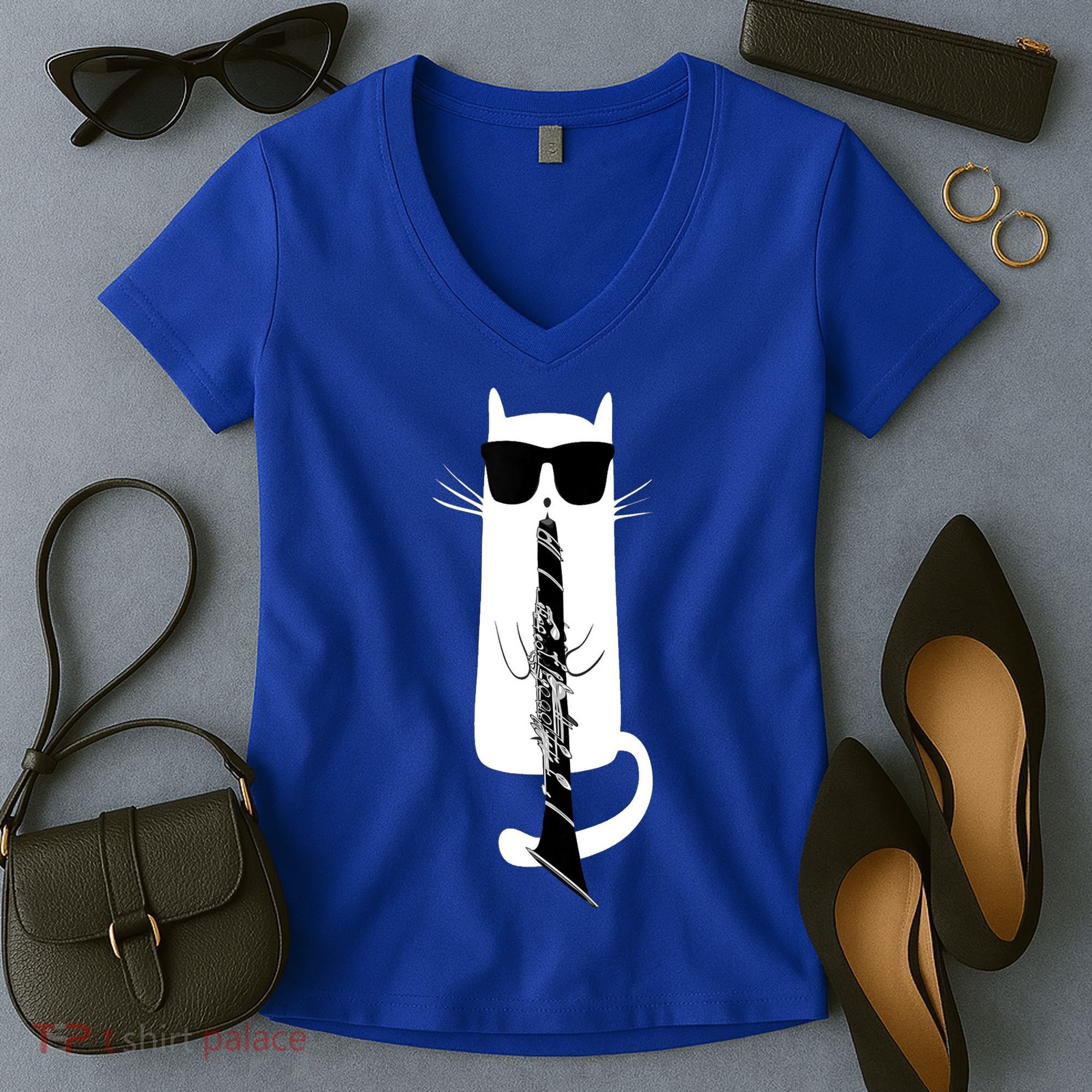 Funny Cat Wearing Sunglasses Playing Clarinet Women's V-Neck T-Shirt