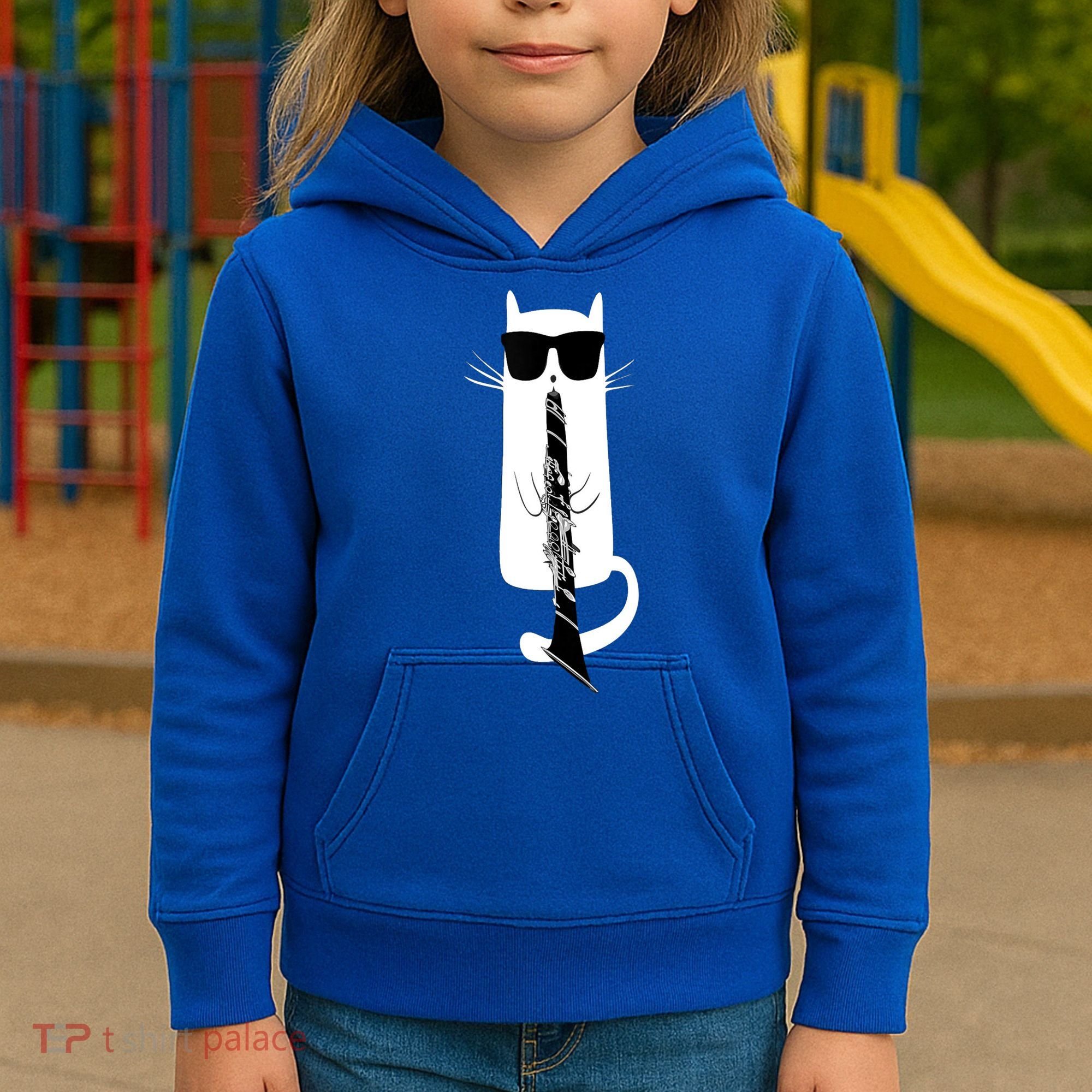 Funny Cat Wearing Sunglasses Playing Clarinet Kids Hoodie