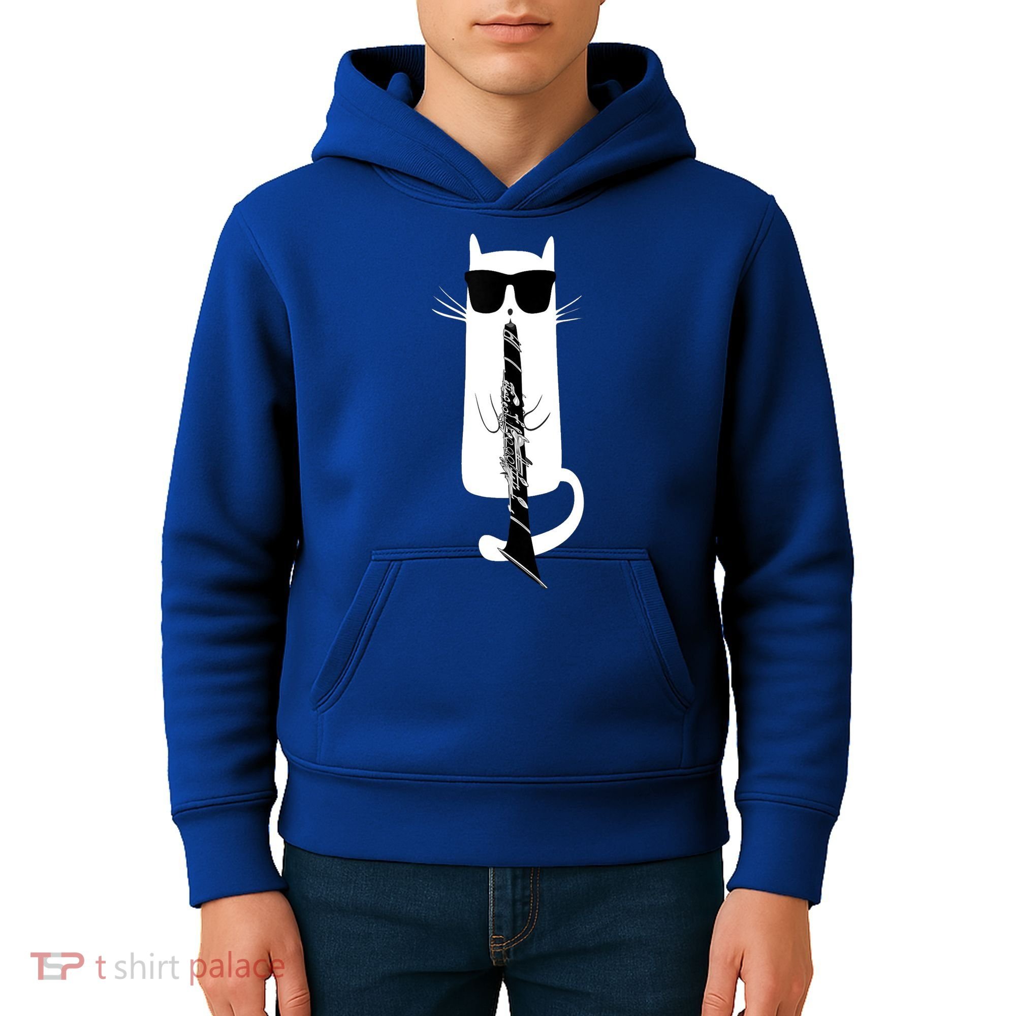 Funny Cat Wearing Sunglasses Playing Clarinet Kids Hoodie