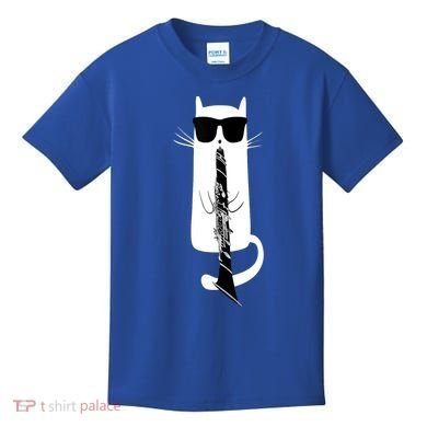 Funny Cat Wearing Sunglasses Playing Clarinet Kids T-Shirt
