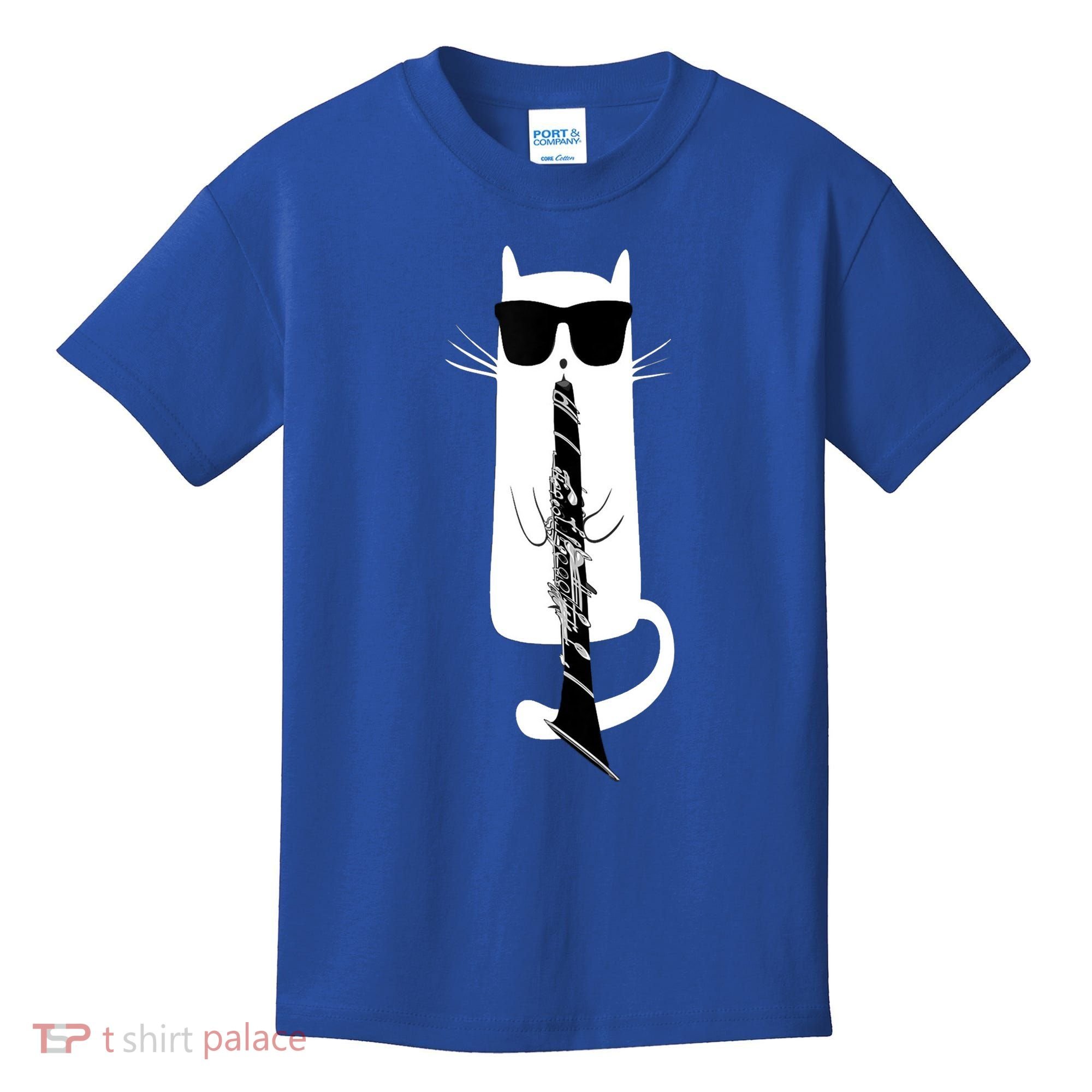 Funny Cat Wearing Sunglasses Playing Clarinet Kids T-Shirt
