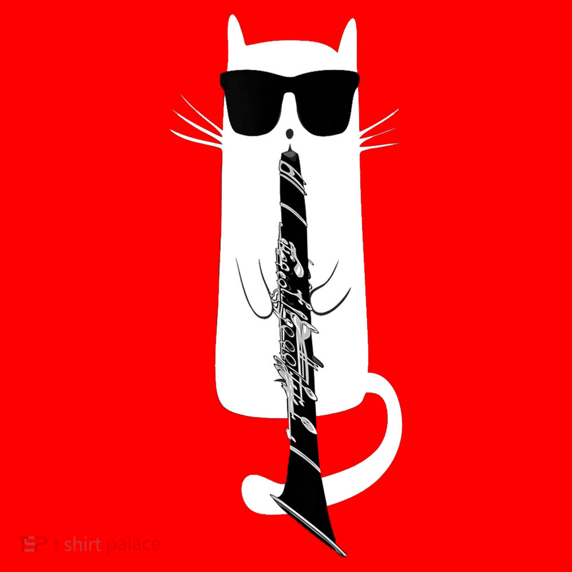 Funny Cat Wearing Sunglasses Playing Clarinet Santa Hat