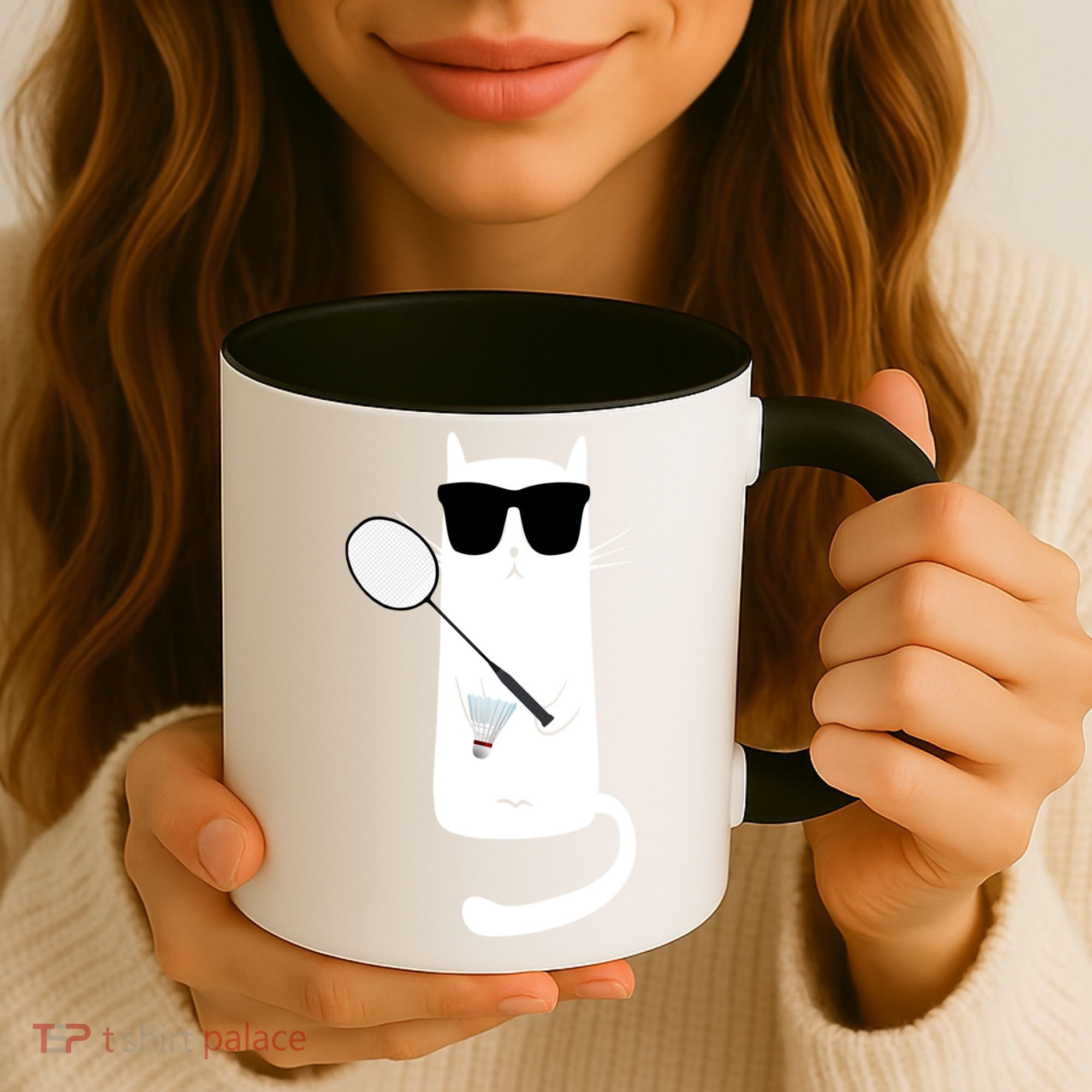 Funny Cat Wearing Sunglasses Playing Badminton Gift Coffee Mug