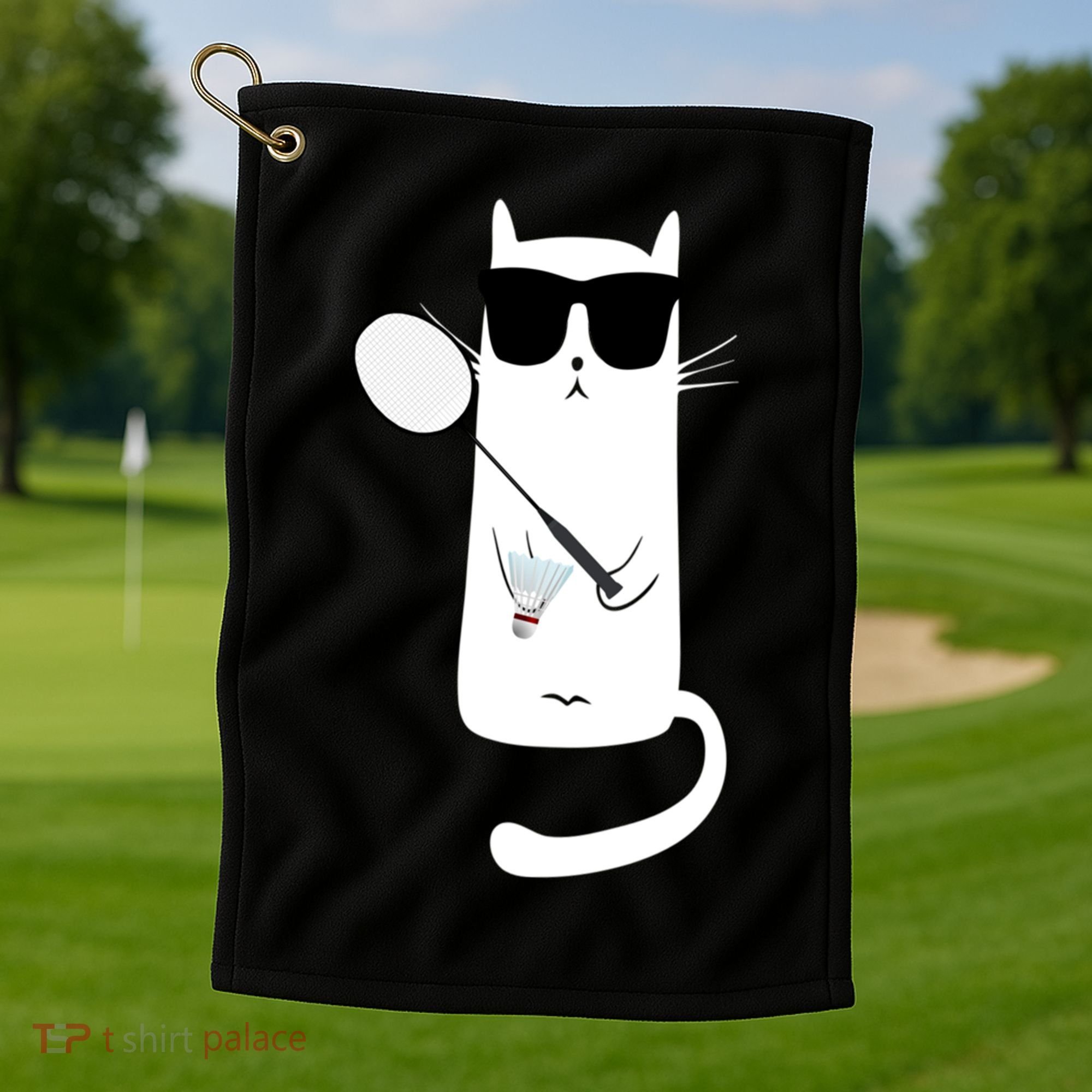 Funny Cat Wearing Sunglasses Playing Badminton Gift Golf Towel