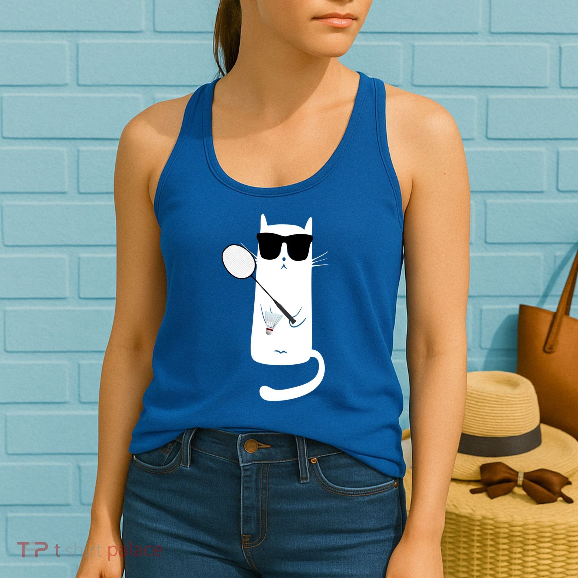 Funny Cat Wearing Sunglasses Playing Badminton Gift Women's Tank Top
