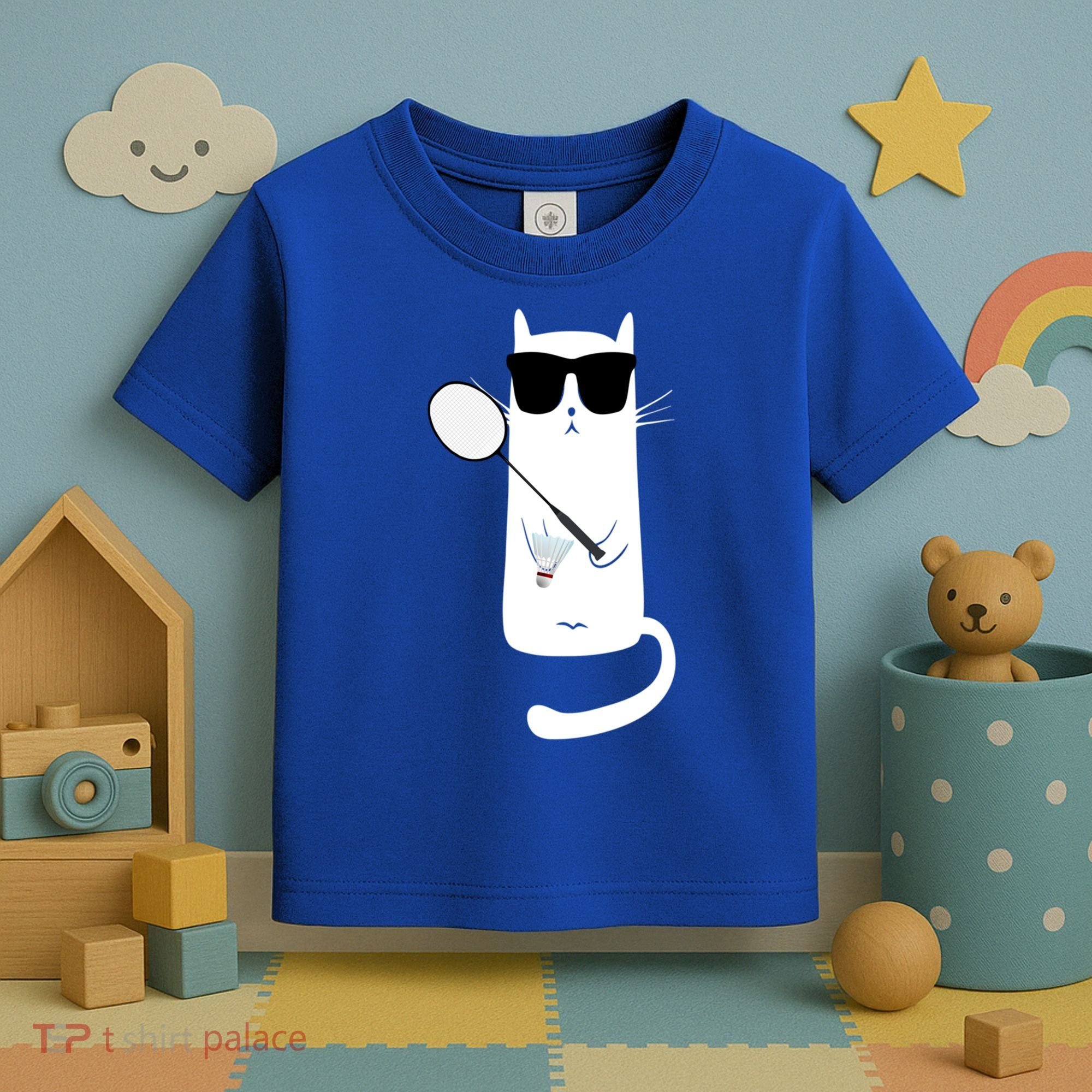 Funny Cat Wearing Sunglasses Playing Badminton Gift Toddler T-Shirt