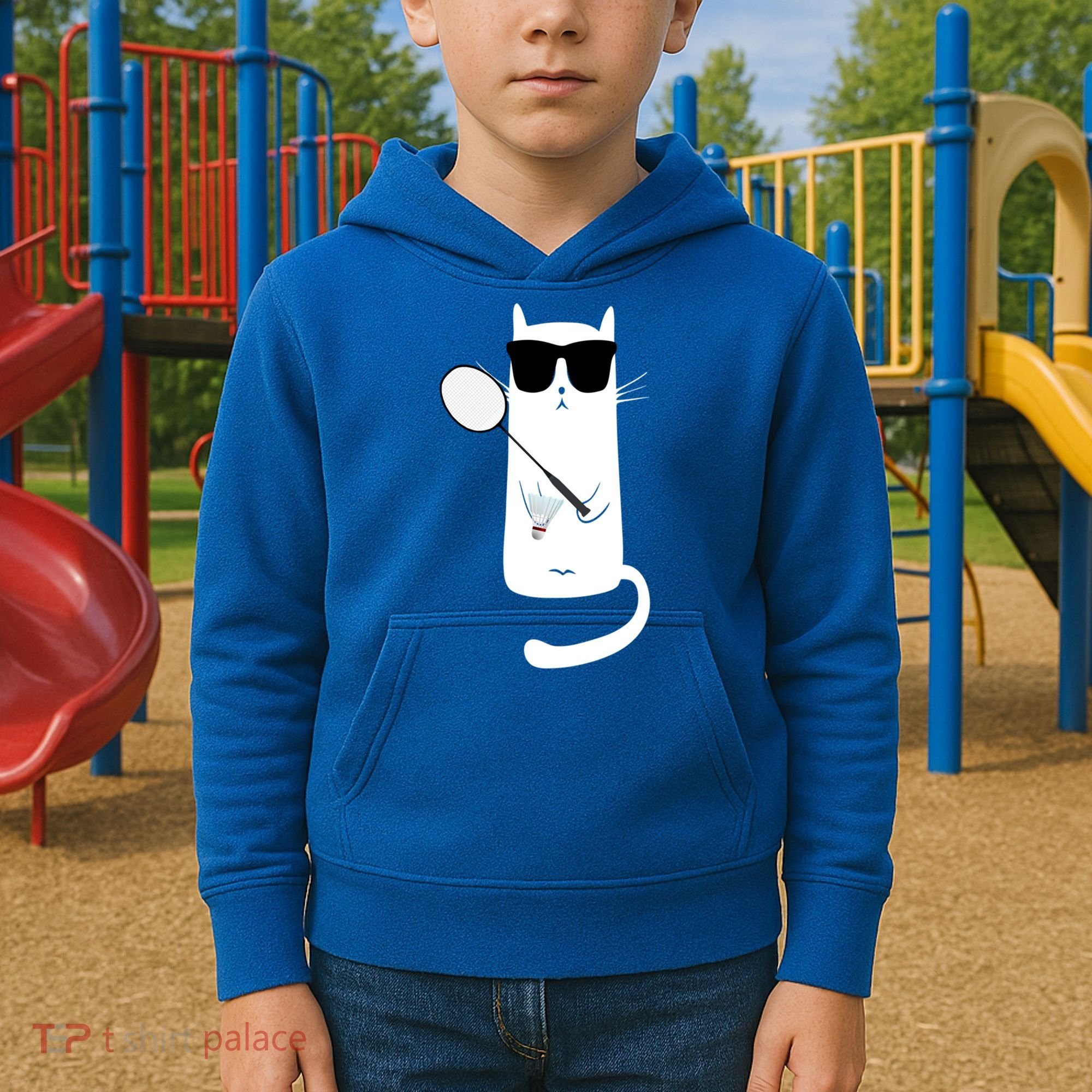 Funny Cat Wearing Sunglasses Playing Badminton Gift Kids Hoodie