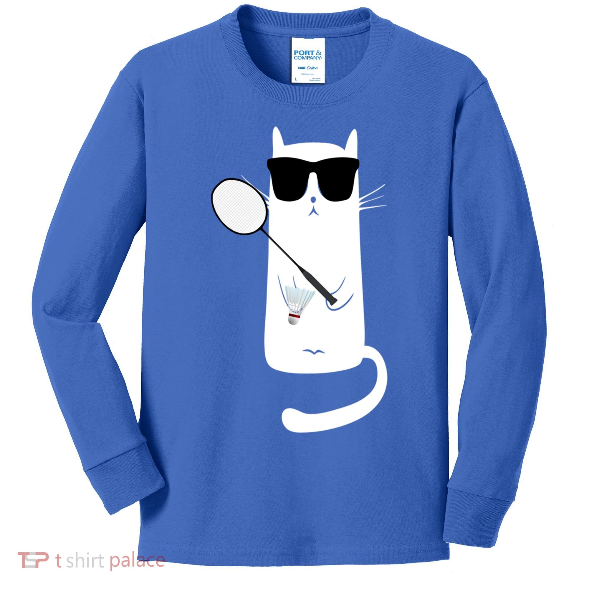 Funny Cat Wearing Sunglasses Playing Badminton Gift Kids Long Sleeve Shirt