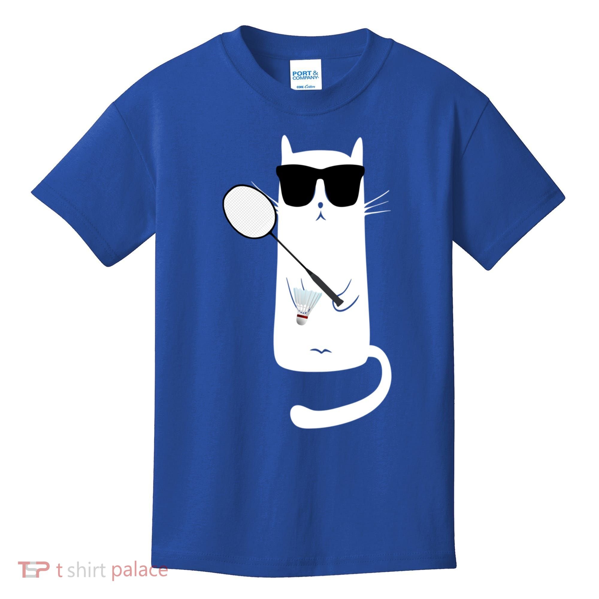 Funny Cat Wearing Sunglasses Playing Badminton Gift Kids T-Shirt