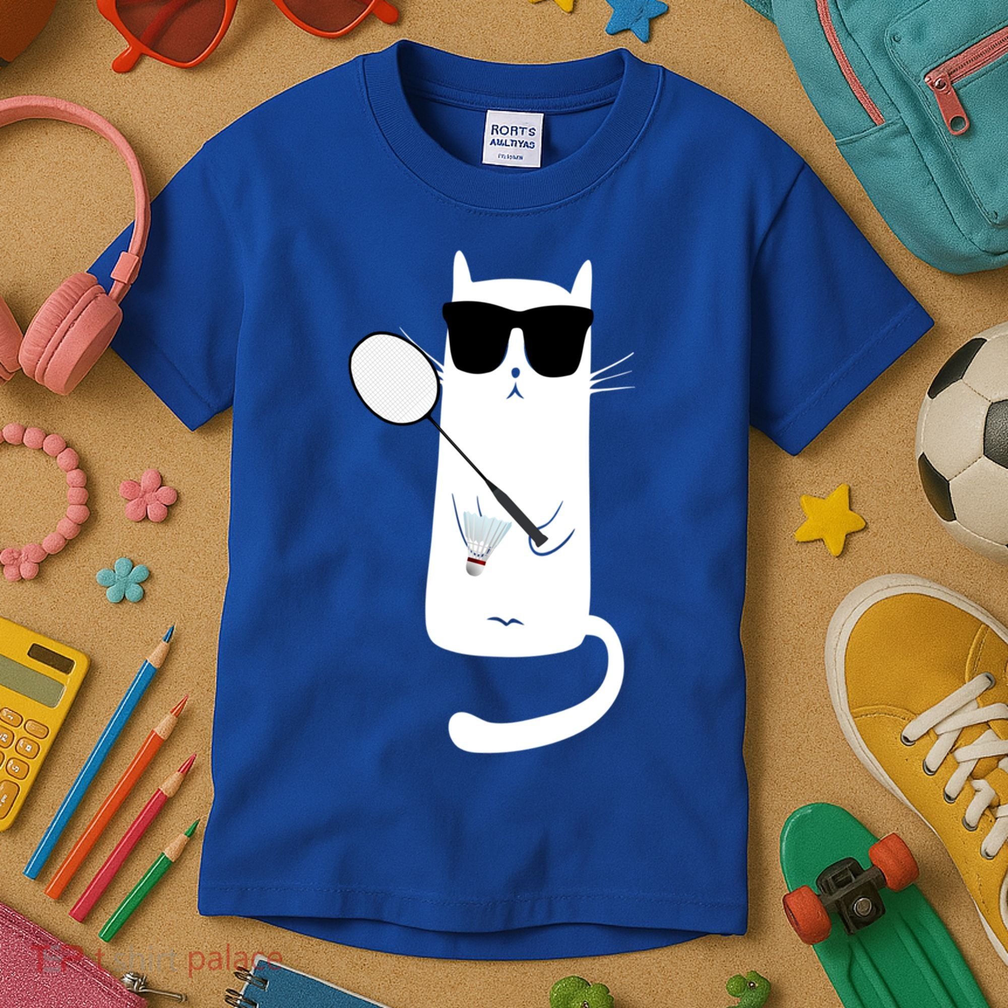 Funny Cat Wearing Sunglasses Playing Badminton Gift Kids T-Shirt