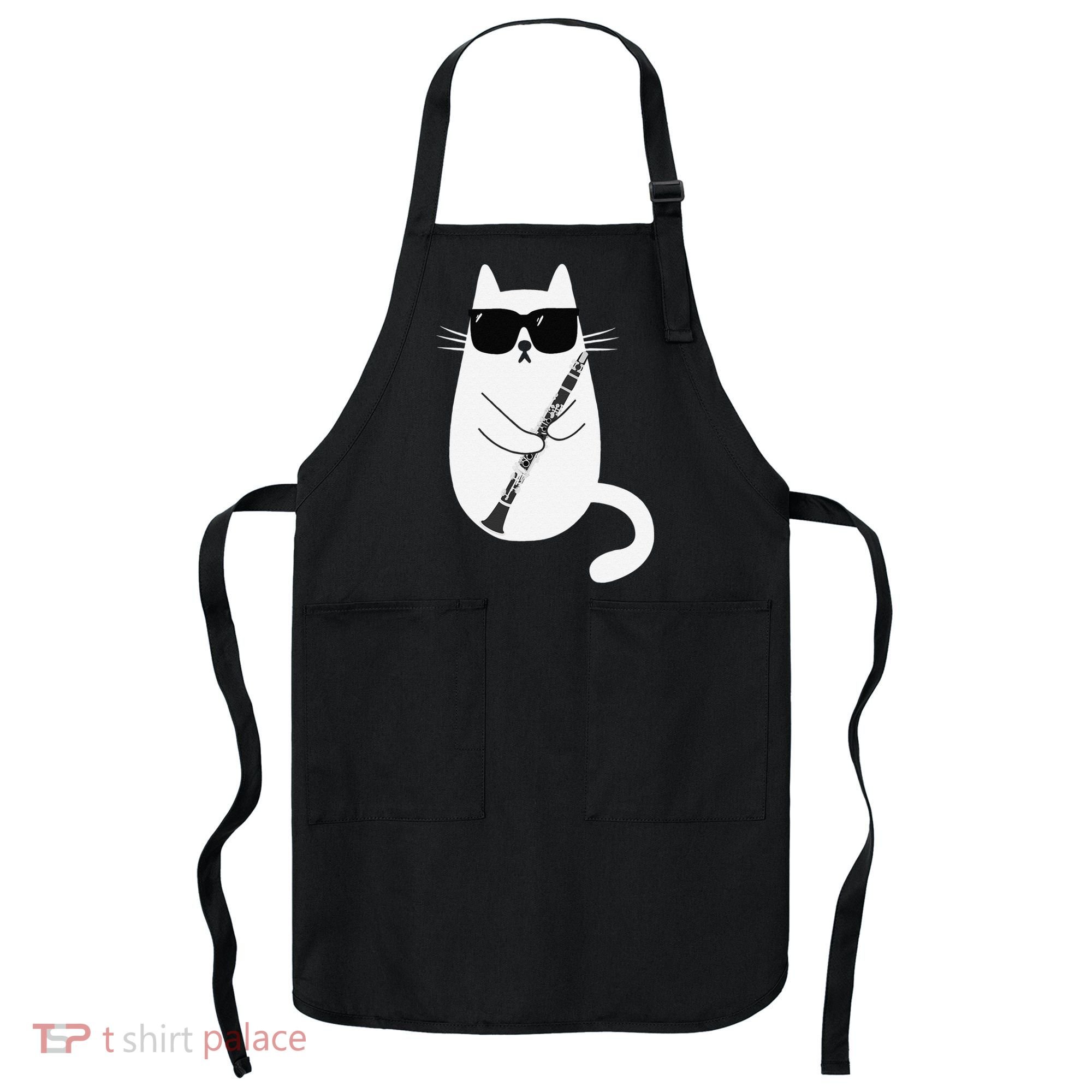 Funny Cat Wearing Sunglasses Playing Clarinet Musician Apron