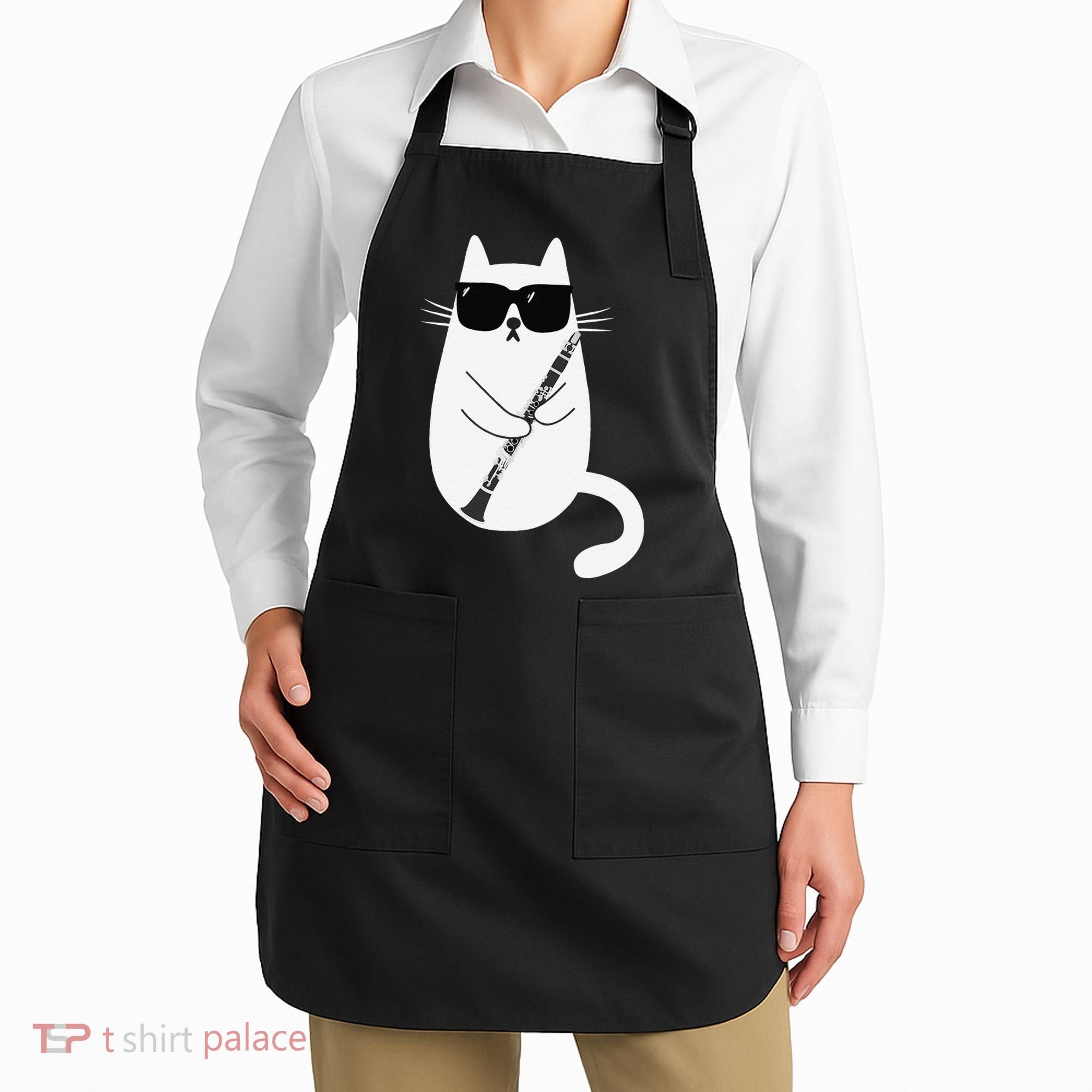 Funny Cat Wearing Sunglasses Playing Clarinet Musician Apron
