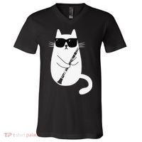 Funny Cat Wearing Sunglasses Playing Clarinet Musician V-Neck T-Shirt thumb 0