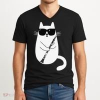 Funny Cat Wearing Sunglasses Playing Clarinet Musician V-Neck T-Shirt thumb 2