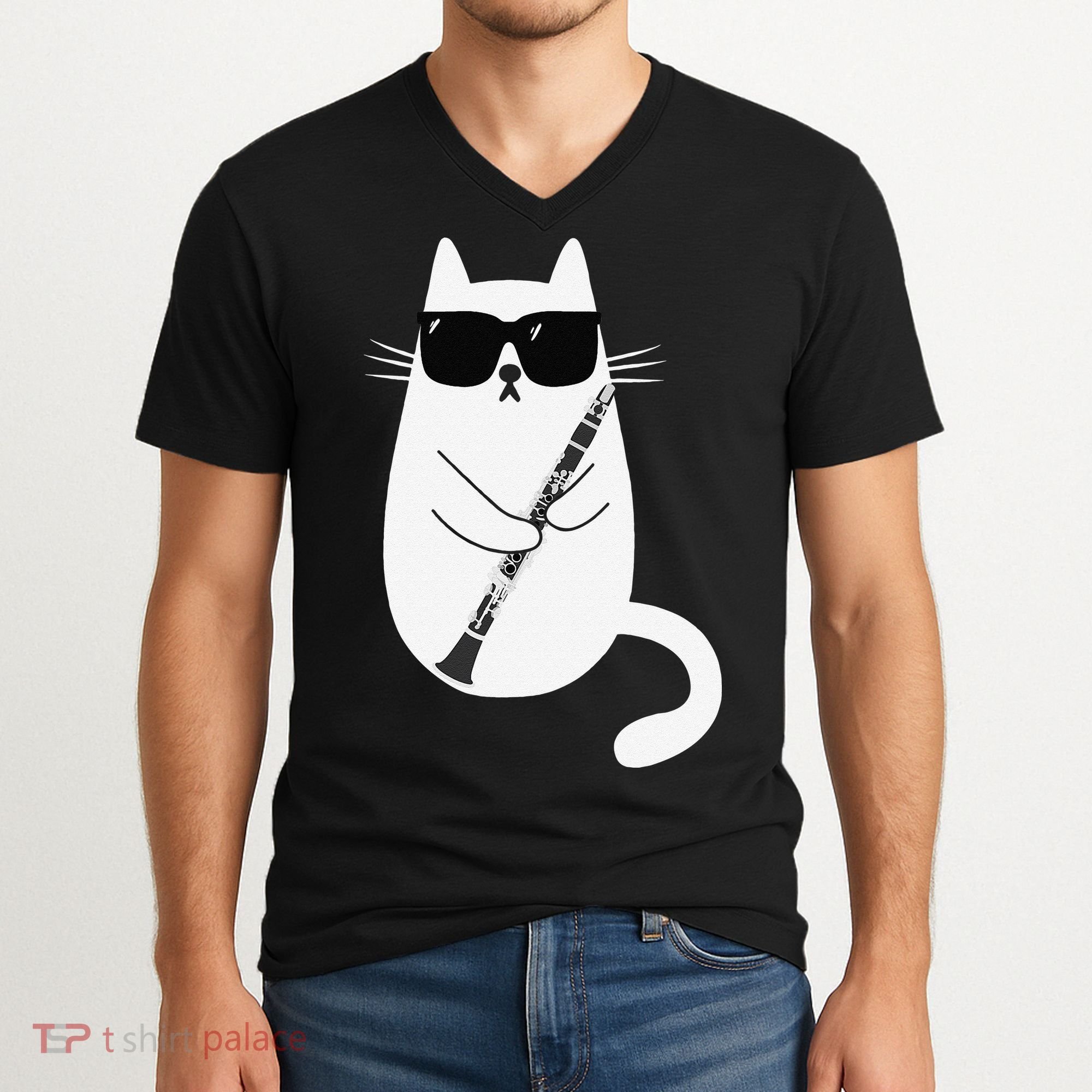 Funny Cat Wearing Sunglasses Playing Clarinet Musician V-Neck T-Shirt