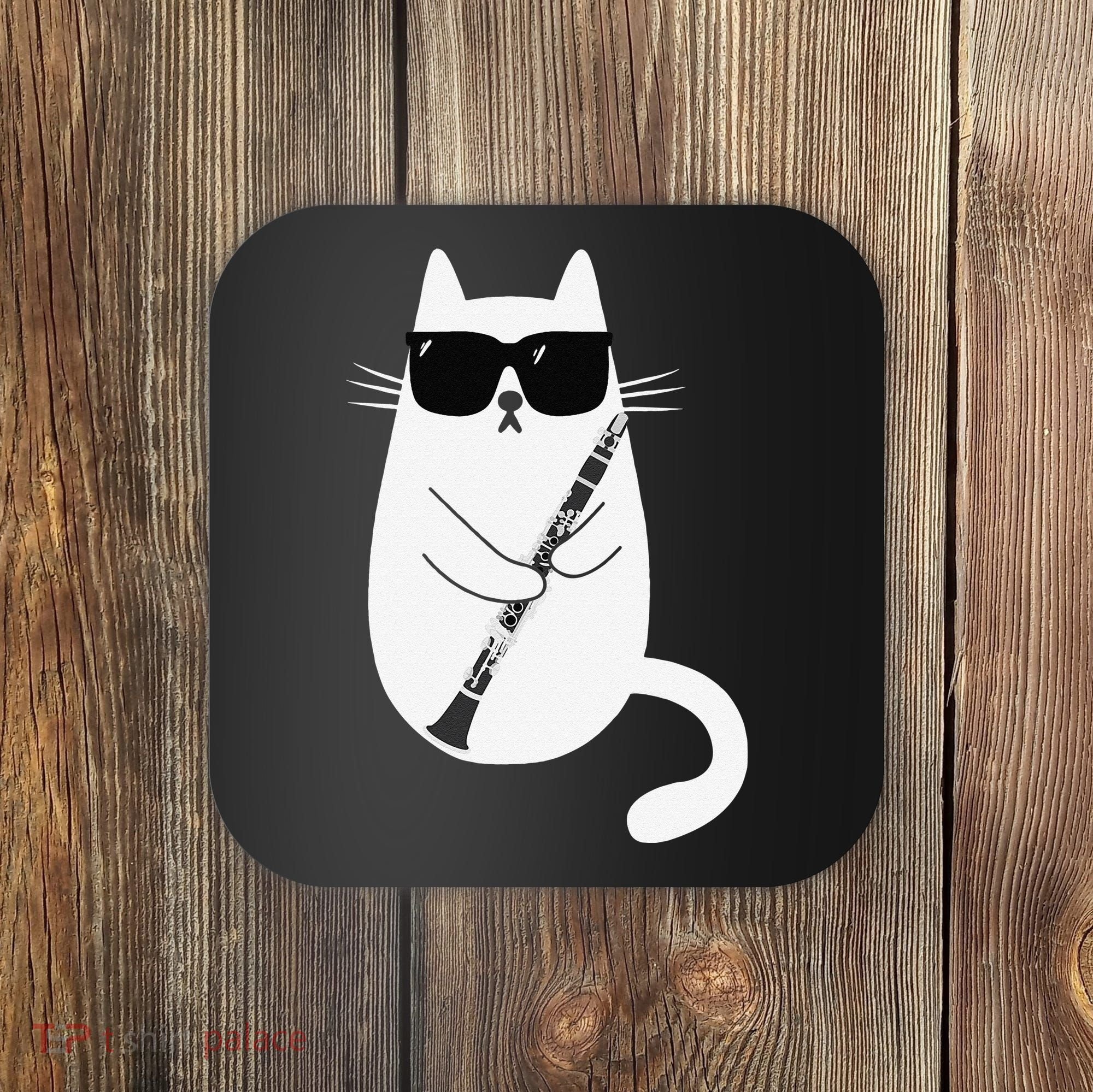 Funny Cat Wearing Sunglasses Playing Clarinet Musician Coaster