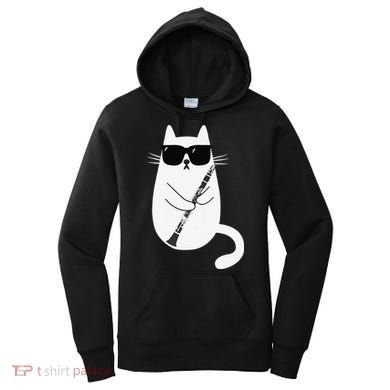 Funny Cat Wearing Sunglasses Playing Clarinet Musician Women's Hoodie