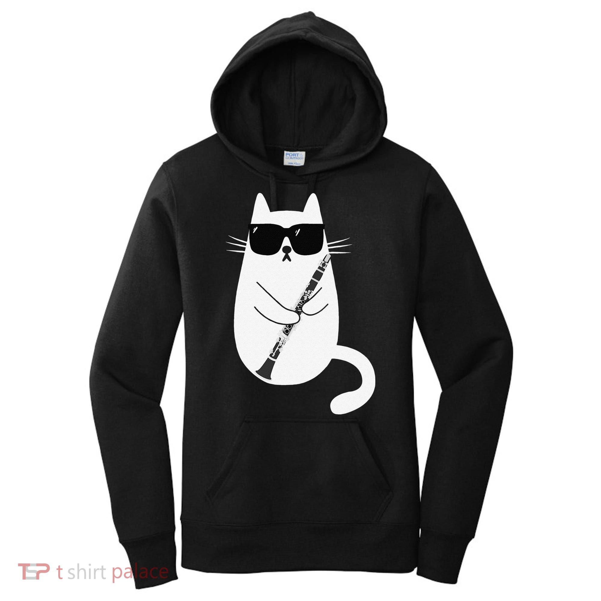 Funny Cat Wearing Sunglasses Playing Clarinet Musician Women's Hoodie