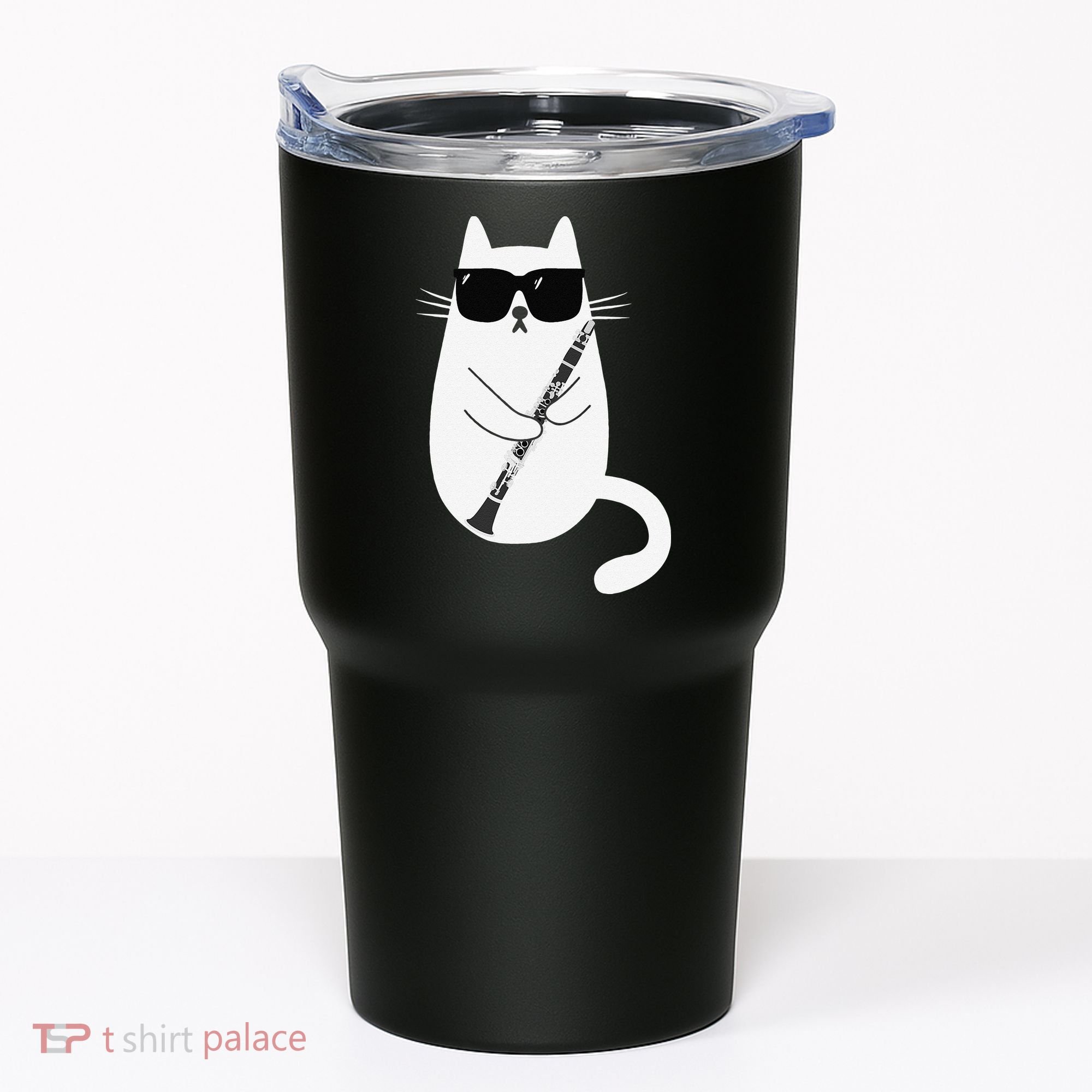 Funny Cat Wearing Sunglasses Playing Clarinet Musician Tumbler