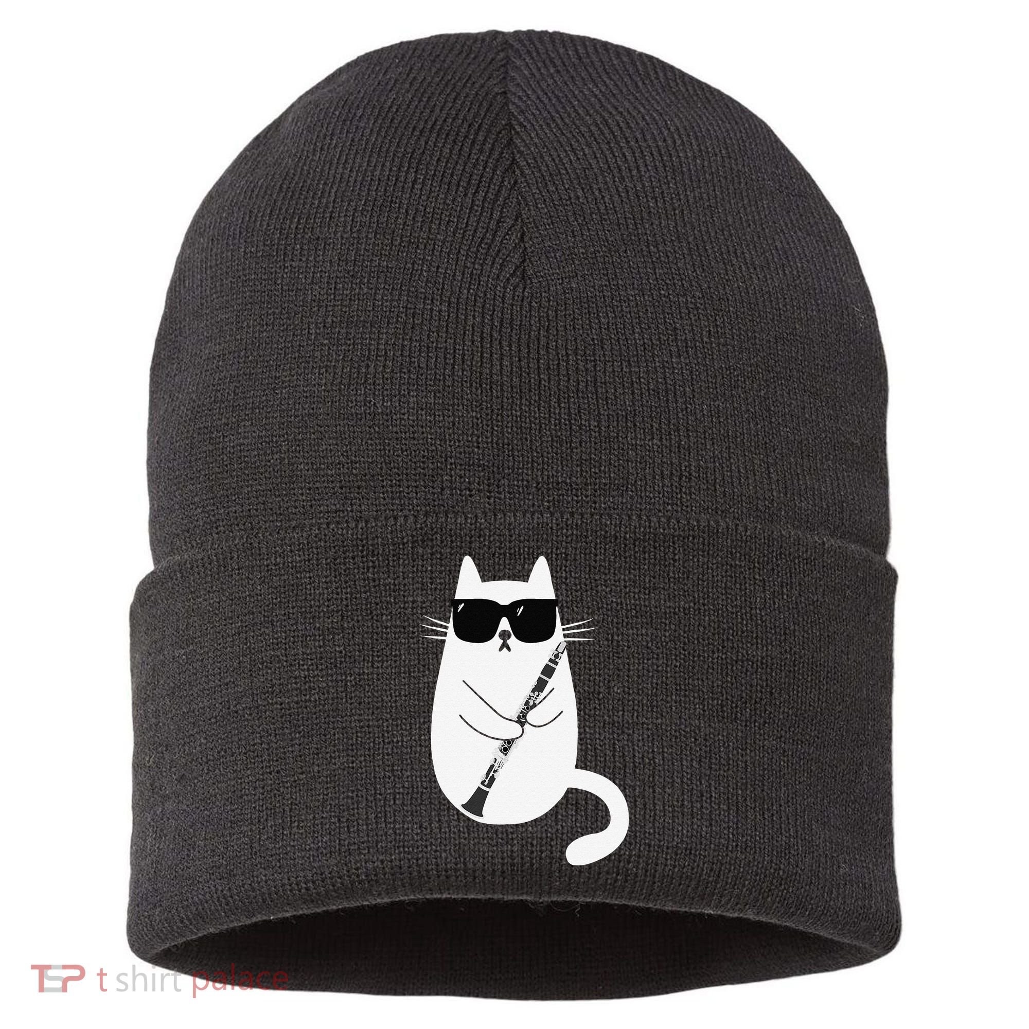 Funny Cat Wearing Sunglasses Playing Clarinet Musician Sustainable Knit Beanie